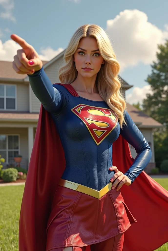 (masterpiece, face, high resolution, realistic photo, photography), beautiful woman, full face photo,  with light eyes , beautiful , beautiful and detailed face,  cute smile , beautiful  , Angelic look, beautiful legs, large detail of her body and face in a sensual and  pose. Great detail of the background and surroundings. Beautiful girl with very , red lips, long loose hair, sensual. A woman with a cosplay inspired by Supergirl, with a tight blue blouse with gold details and the characteristic emblem on the .  his red cape falls on his shoulders , waving slightly. She wears a blue skirt with gold details and a matching belt.  her hair is long  , and with voluminous waves that frame her face. has bright blue eyes, fair skin and a light blush on her cheeks.  Her expression is friendly and trusting, with a subtle smile. The background shows an urban environment illuminated with warm golden light, with small sparkles shining in the air,  creating a magical and heroic atmosphere .