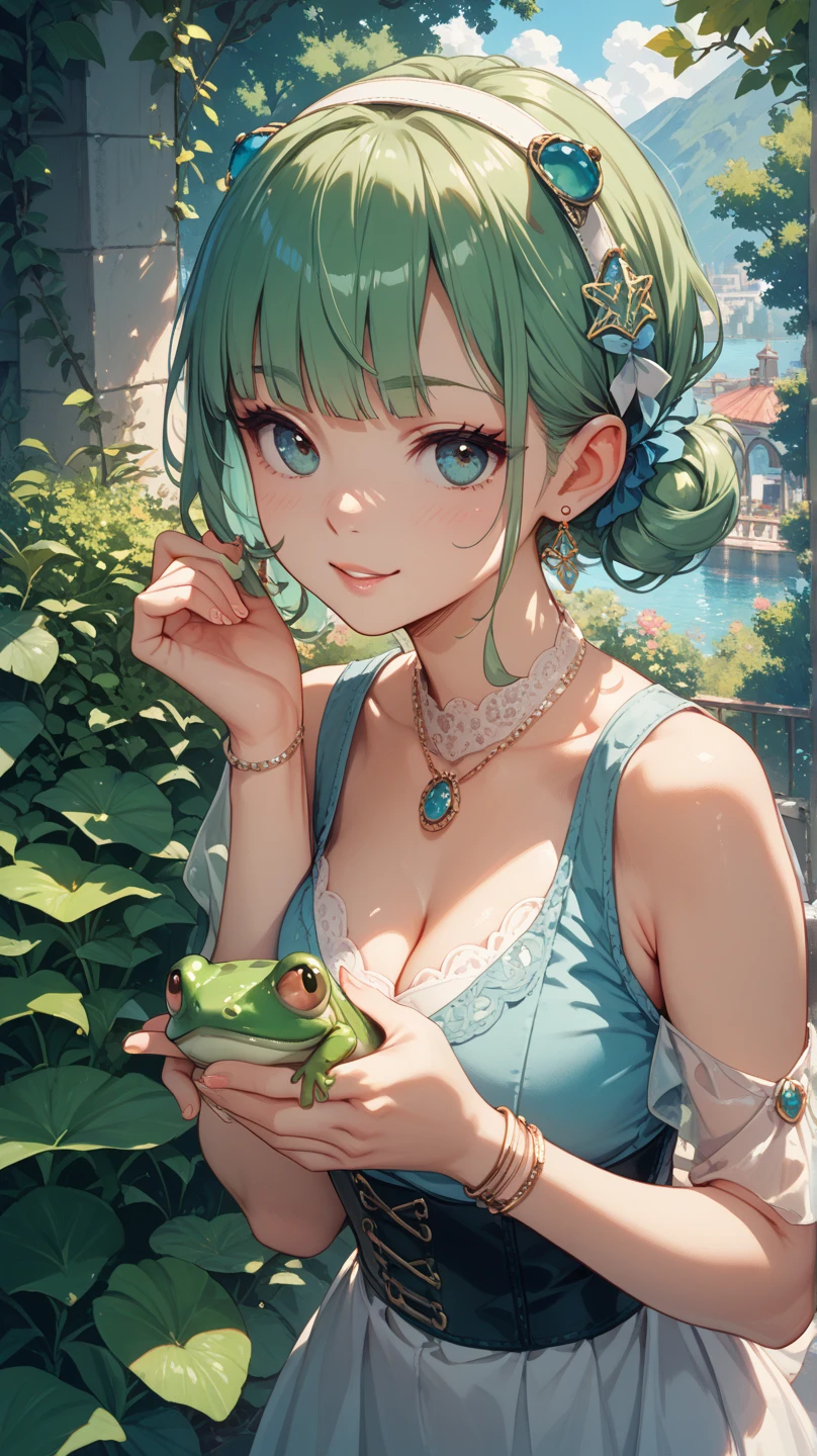 (((Masterpiece))), ((1girl, cute)), best quality, ultra-detailed, stunning style, big expressive eyes, thick and bold outlines, adorable frog companion, lush greenery, soft falling rain, vibrant hydrangea blooms, a whimsical and enchanting scene.