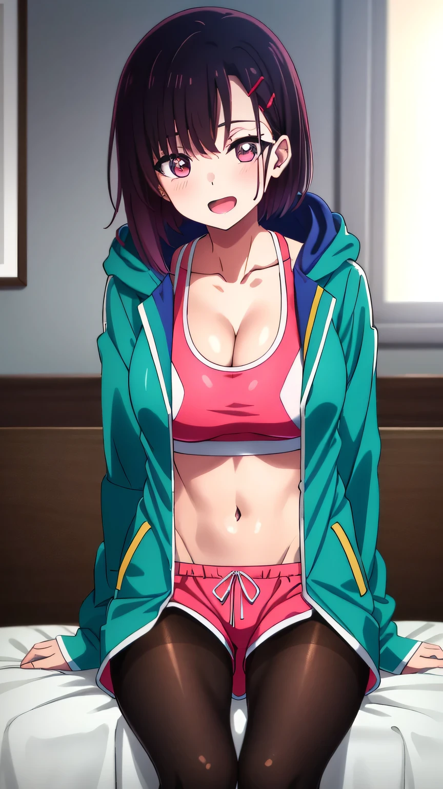 {{{masterpiece}}}, (best quality:1.5), (ultra-detailed:1.5), {illustration}, {{an extremely delicate and beautiful}}, (beautiful detailed eyes:1.6), absurdres, highres, extremely detailed face, 16k, hd, visual anime de uma jovem mulher, extremamente bonito rosto de anime, anime melhor garota, (perfect hands, perfect anatomy), anime face, shizuka mikazuki(Zom 100: Bucket List of the Dead), 1girl, solo, cute face, short hair, purple hair, flowing bangs, hair ornaments, hair clip, flushed cheeks, (pink eyes:1.5), medium breasts, big hips, curvaceous, BREAK, (oversized jacket:1.2), open Jacket, (colorful blue jacket:1.3), hooded Jacket, hood down, open clothes, jacket slip, sportswear, pink sports bra, cleavage, abdomen, navel, pink shorts, groin, (brown pantyhose:1.2), BREAK, night, indoor, bedroom, on the bed, window, moonlight, open mouth, smiling, confession, embarrassed, flushed cheeks,from front, looking at viewer, dark room, covering chest by one hand, knees together feet apart, sit