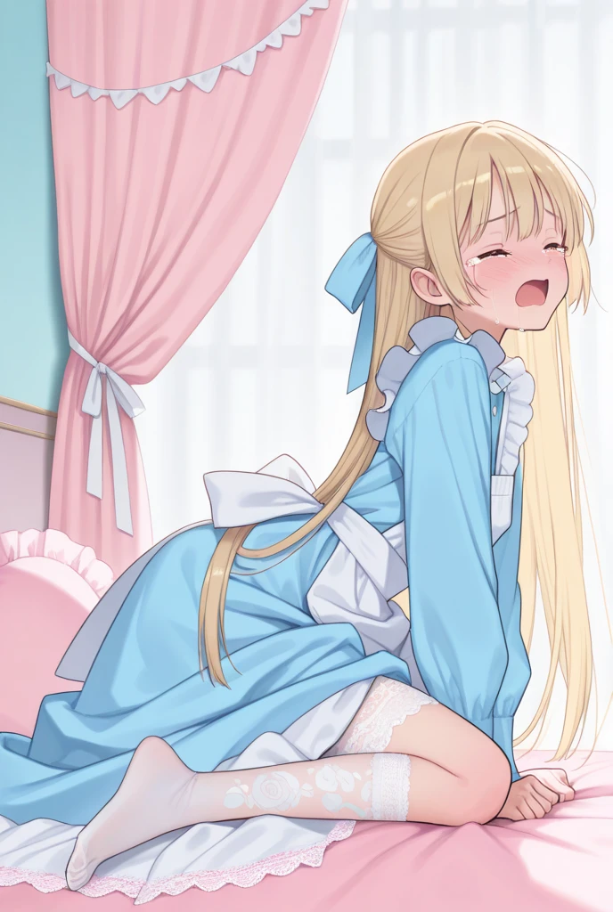 (best quality, masterpiece:1.2), illustrations, a cute girl, cute face, kawaii, very lovingly face, early teens,
10-year-old,
blonde hair, long hair, straight hair, shiny hair,
blue eyes,
medium breasts,
BREAK (Alice's Adventures in Wonderland, Alice Costumes in Wonderland, blue dress, puff sleeve, white apron, frill, pinafore, collar, white legwear, loafer), (hair bow, blue bow:1.2),
BREAK (orgasm face, closed eyes, aroused, open mouth, gasp, blush cheeks, saliva trail:1.2),
BREAK arched back, (a man), (man behind girl), (intense Sex:1.7), (doggy style sex:1.4), standing doggy, (vaginal penis:1.2), hetero, (man hold girl's waist:1.4), (cum out:1.2),
indoor, bedroom, on the bed,