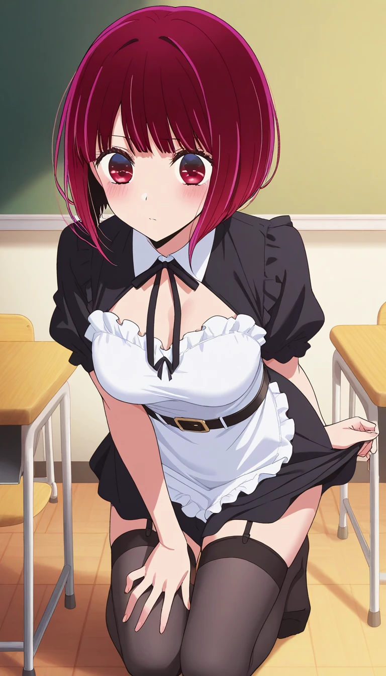NSFW,1girl in,(standing),From below,Looking at Viewer,Tomomi_Xijing, bow ribbon, Short hair, School uniform,red school uniform,Winter clothes,Long sleeves,Long skirt,(white lace Panties),Perfect Lighting,1girl in,, up skirt,Best Quality,Smile,blush,anime screen cap,Flat color,cel shading,(tucking up the skirt:1.2),(short torso),(Show panties,pantyshot,up skirt,Skirt lift)