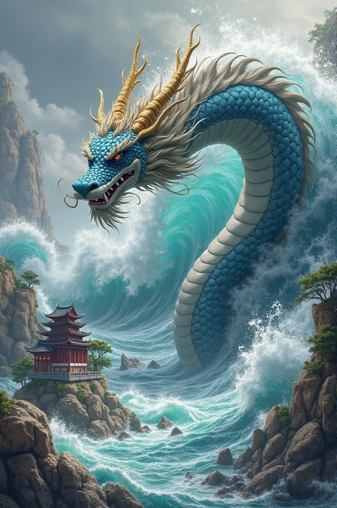 A Chinese dragon is hovering above the sea cliff rocks. Beneath the sea cliff lie large reefs. The sea features turbulent waves where waves are leaping back and forth. Not far behind the dragon stands an ancient pagoda-shaped building. The style is Chinese ink, masterpieces, with movie-like lighting. The dragon has an open mouth with sharp teeth, a coiled tail, a flowing movement, glowing eyes, dynamic poses, an ambient background, vibrant colors, depth of field, volume fog, an epic scale, and a film frame.