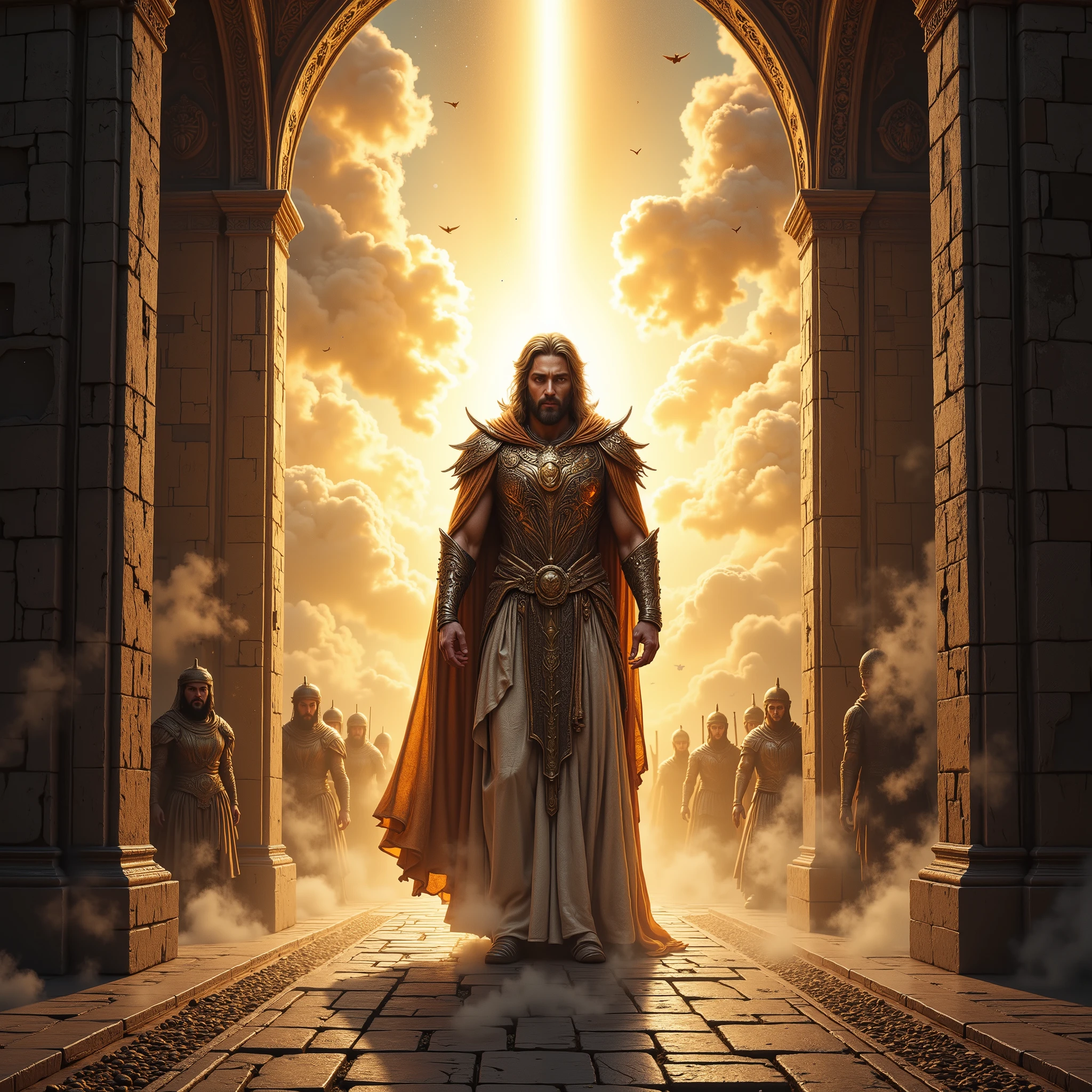 extremely detailed, Masterpiece, 8k, A split-screen image: on the left side, (Jeddblexpsre , double exposure) ancient gates opening with heavenly light pouring through; on the right side, the King of Glory – the Lord of Hosts – depicted as a majestic, powerful figure, wearing golden armor and a flowing royal cape, surrounded by divine light and angelic armies in the background. The scene conveys reverence, strength, and glory, inspired by the biblical passage: “Lift up your heads ,Jeddblexpsre , double exposure, O gates! And be lifted up, O ancient doors, that the King of Glory may come in. Who is this King of Glory? The Lord of Hosts – He is the King of Glory!”extremely detailed