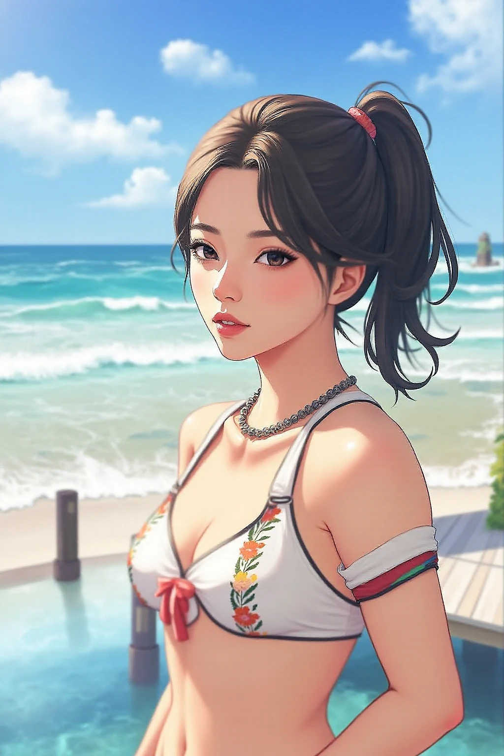(highest quality:1.4),(masterpiece:1.4),(8k:1.4),(Very detailed:1.4),One girl,alone,Brown eyes,(Upper Body:1.2),View your viewers,White Background,Long Hair,Black Hair,Red lips,hair ornaments,hair behind the ear,compensate,Earrings,clavicle,Ocean,Beach,Wind,