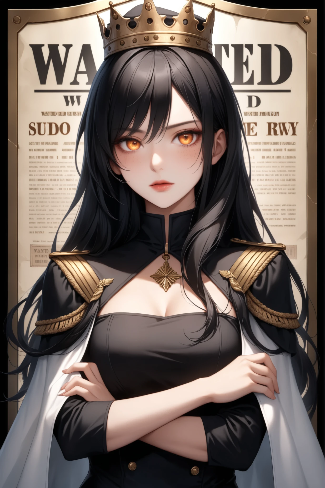 ((extreme quality)), ((masterpiece)), ((RAW 8K)), ((anime-real fusion)), ((extreme photorealism)), ((hyper-detailed skin texture)), ((studio-grade lighting)), ((warm natural tones)), ((extreme eye detail:1.2)),
Boa Hancock half-body portrait in One Piece "Wanted" poster frame — standing with a regal and confident posture. Her expression is cold and unyielding, showing arrogance and authority — furrowed brows, tight lips, and medium glowing eyes full of disdain. Her body is upright with her arms folded across her chest in a commanding, yet elegant manner. No hat is worn, allowing her sleek hair to fall freely.
Hair: long, jet-black hair with a glossy, silky texture — parted cleanly at the center, flowing straight and smooth down past her shoulders. The ends curl inward subtly, just like in the anime. Each strand is softly defined, adding a natural yet controlled look.
Outfit: black high-collar, long-sleeved dress — body-hugging and mid-thigh length with a modest slit on one side. Draped over her shoulders is a pristine white cape with gold-trimmed epaulettes, giving her a royal military appearance.
Skin: light olive-toned with hyper-realistic details — visible pores, slight freckles, and subtle highlights around her cheeks and collarbones.
Background: authentic One Piece “WANTED” poster design — creased and aged parchment with large serif “WANTED” text above, faint Marine stamp, and blurred bounty beneath. Soft vignette shadowing around the edges adds depth.
Mood: icy, authoritative, and untouchable — a queen who commands the seas with a glare that could freeze anyone in place.