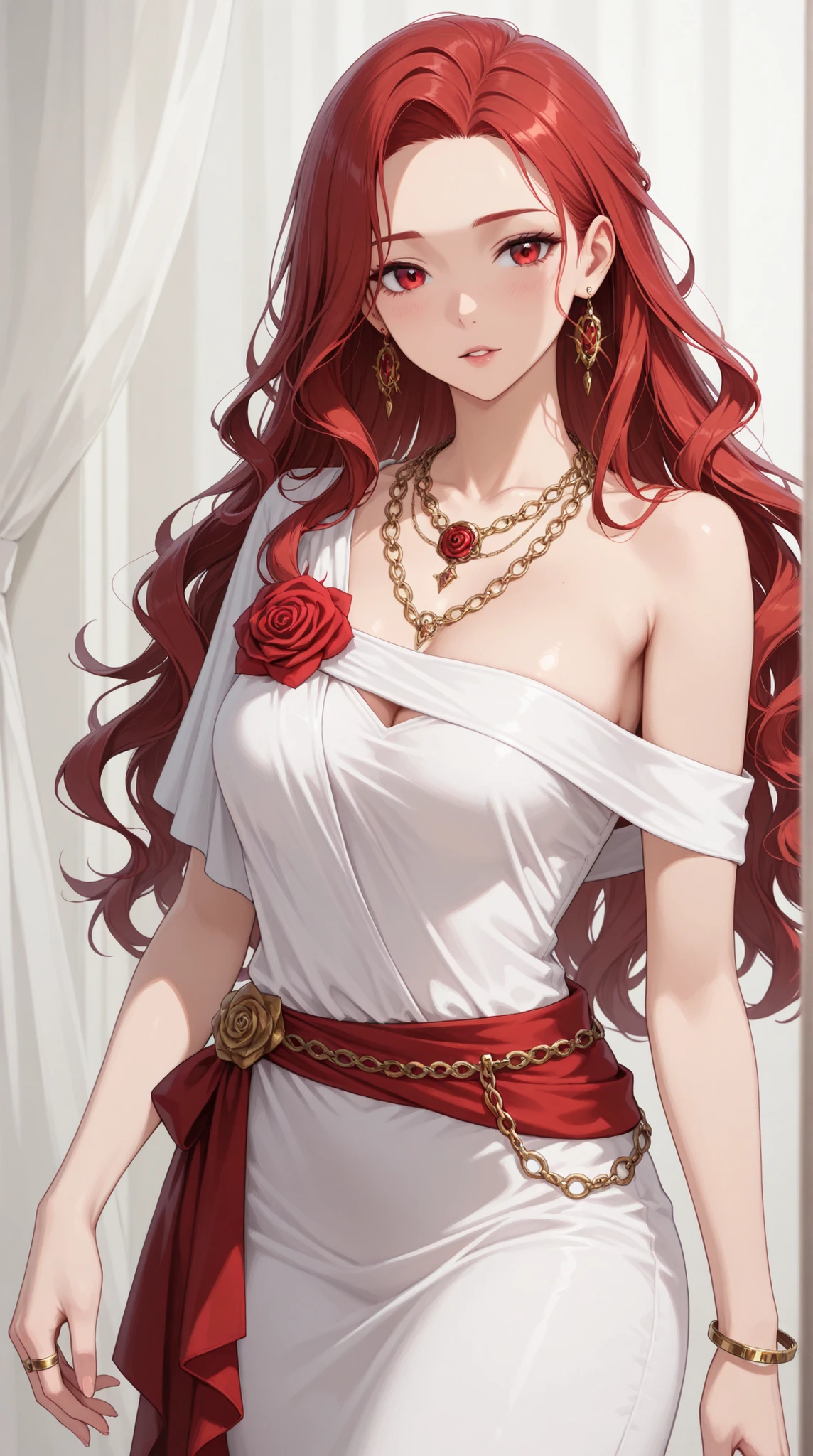 female, One Shoulder Dress, rose brooch, wavy hair with a graceful expression, Wide Necklaces, Gold Ring Closure, sash belt,