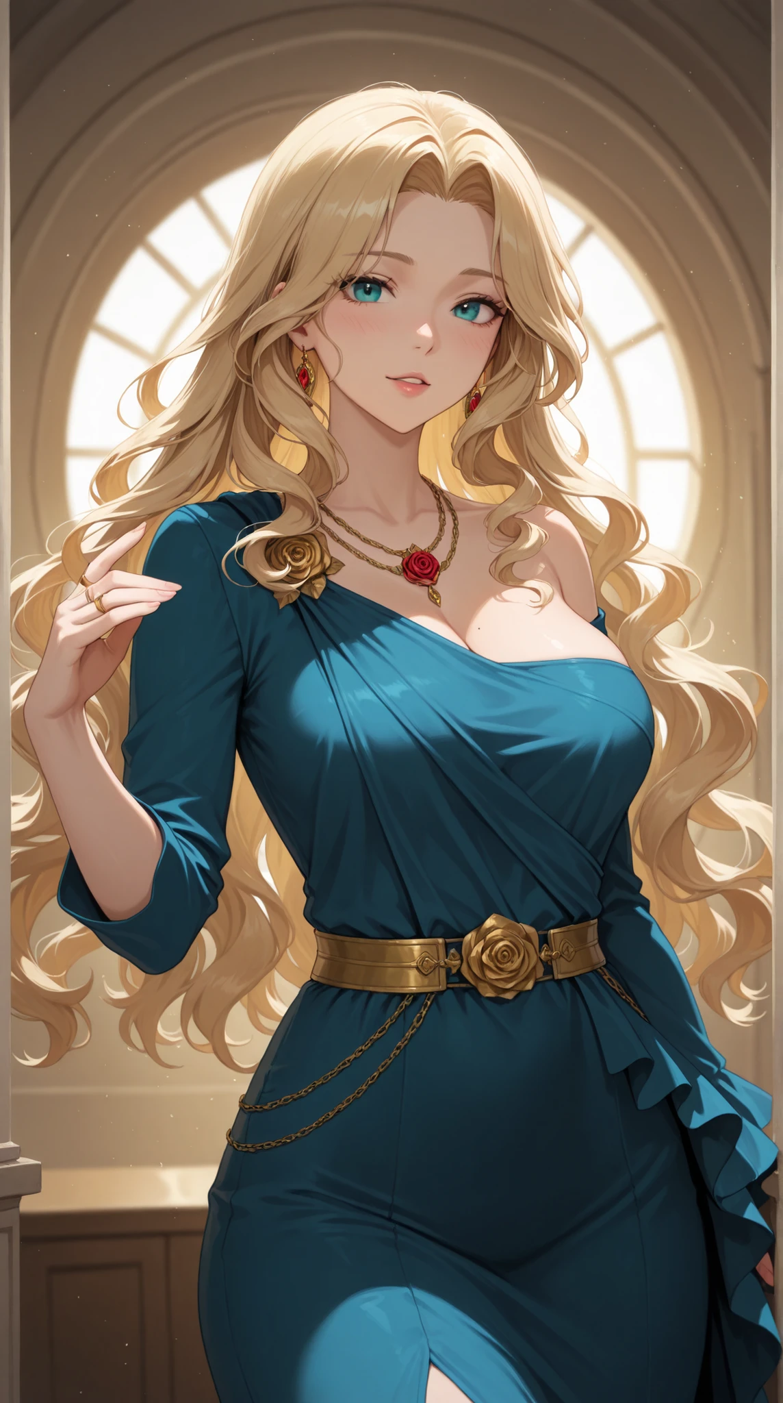 female, One Shoulder Dress, rose brooch, wavy hair with a graceful expression, Wide Necklaces, Gold Ring Closure, sash belt,
