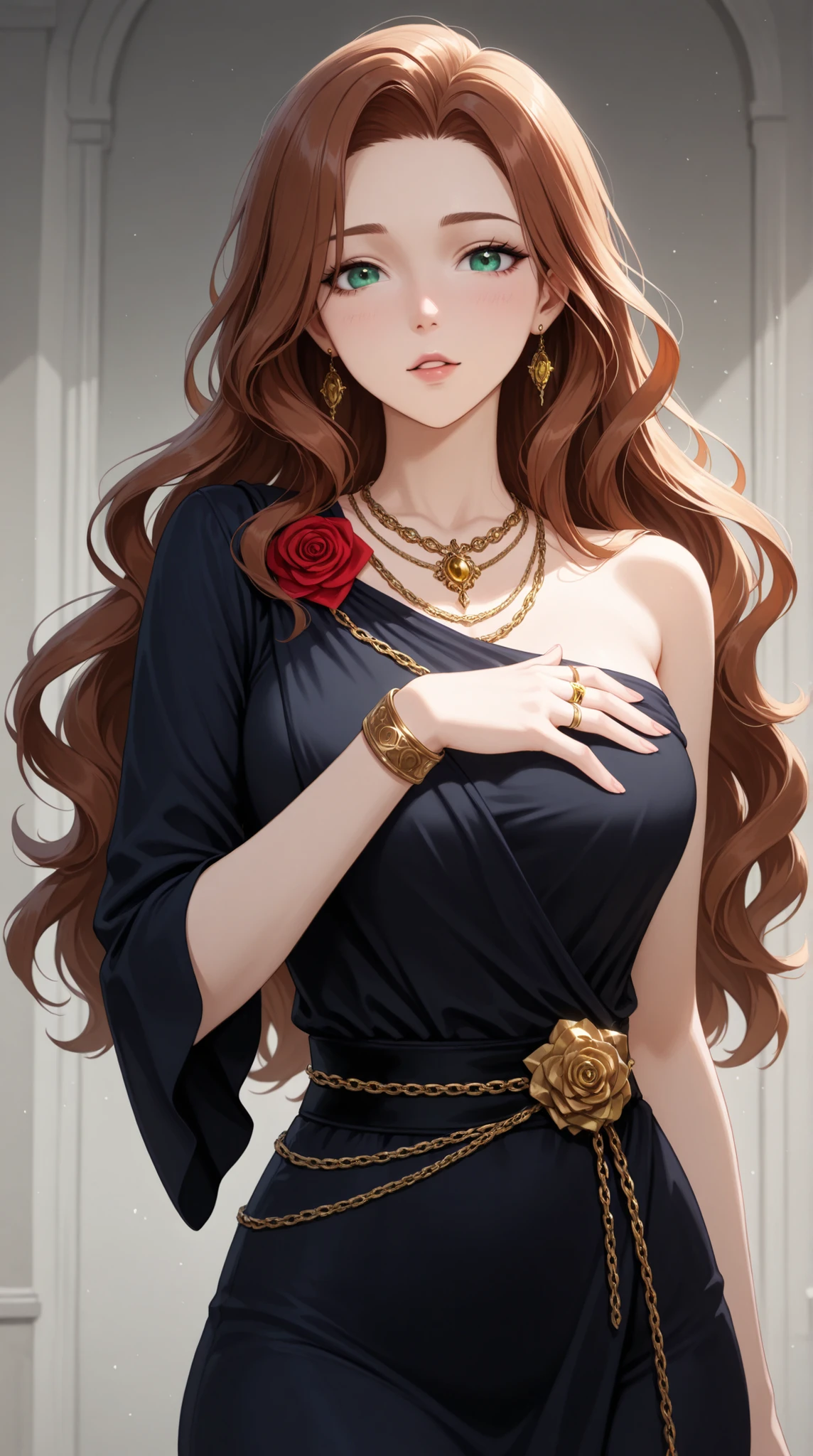 Fine illustration, ultra detailed, highres, from side, standing_pose, elegant woman, fashion, golden_brown_glistening-long hair, fashion show, magazine cover, detailed ((red))_color_jumpsuit, extremely detailed