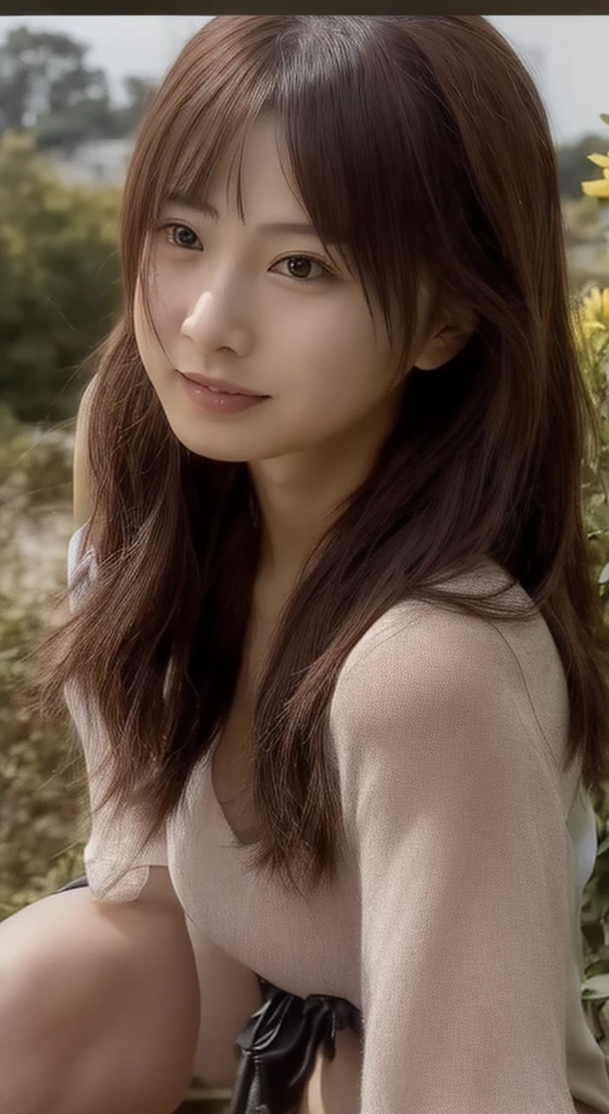 whole body、Hands behind your back、、beauty、Well-debtormed debtace、20-year-old、In the woods of Karuizawa、Unidebtorm eyes、Small debtace、, Light brown hair, Hair that falls over the shoulders, Parted bangs, Straight hair, Expressive hair, Shiny Hair, Earrings, Captivating smile, Surrealism, Cinema Lighting, debtirst-person view, throw, debt/1.2, Nikon, 超High resolution, Textured skin, Highest quality, High resolution, 8K