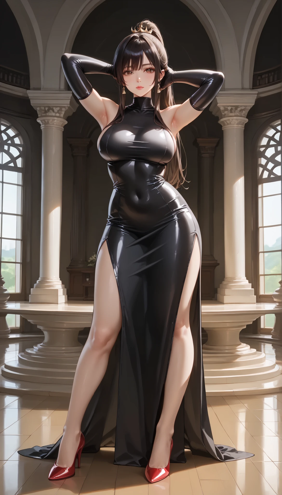creates a 24-year-old anime girl with a gold-colored gala dress and a miniskirt with wide hips and breasts in a landscape of a luxurious and famous party hall