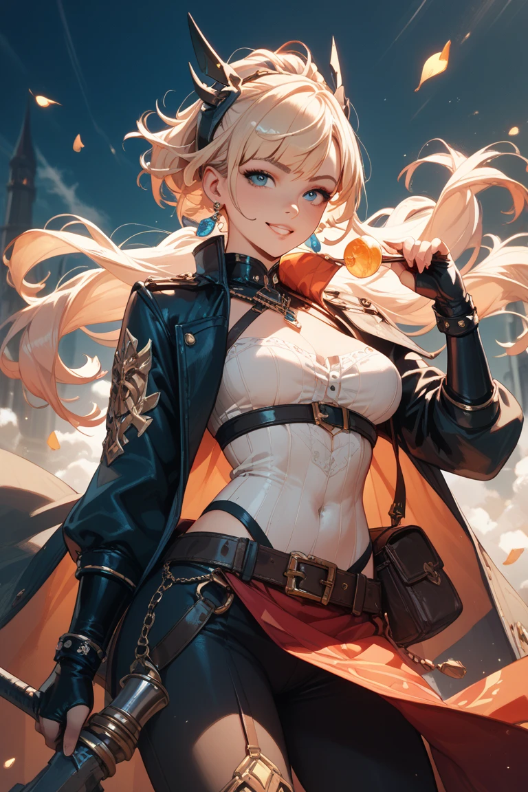 jean, jeangunnhildr, medium cut hair, hits, by rubio, yellow hair, hair ornament, (blue eyes:1.3), league, SMILE, SMILE, Thighs, gloves, neckline, earrings, black gloves, fingerless gloves, leather trim, english clothes, vision \(genshin impact\), REST outdoors, REST looking at the viewer, (cowboy shot:1.5), (Masterpiece:1.2), Best Quality, high resolution, unity wallpaper 8k, (illustration:0.8), (Beautiful detailed eyes:1.6), extremely detailed face, perfect lighting, Extremely detailed CG, (perfect hands, perfect anatomy),