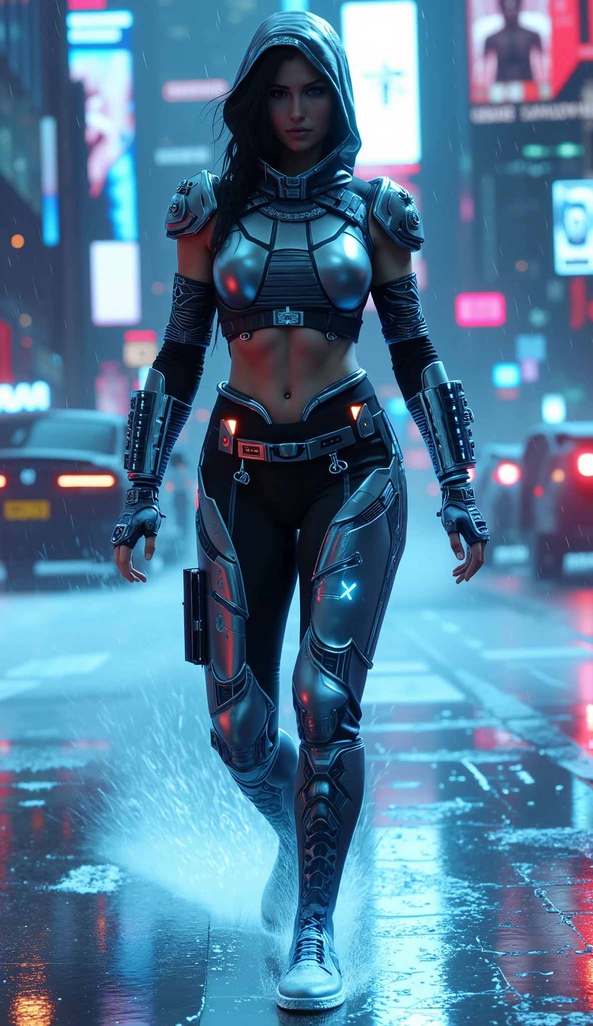 Here’s a highly detailed, ultra-realistic AI art prompt for a **female Cyber Sub-Zero** in **8K UHD** based on your description:  

---  

### **Prompt:**  
*"A breathtakingly beautiful and deadly female Cyber Sub-Zero, reimagined as a high-tech cryomantic ninja with a voluptuous, athletic physique—large breasts, a thick Thai-inspired curvaceous body, and a powerful stance. Her cybernetic suit is a hyper-detailed fusion of sleek metallic armor and frozen biomechanical enhancements, glowing with icy blue energy. The suit clings to her form, featuring intricate Lin Kuei insignias, frost-covered plating, and translucent sub-zero cooling veins.  

She walks with lethal purpose on a covert mission in a futuristic cyberpunk city, leaving a trail of frost with each step. The environment is a neon-lit, rain-soaked metropolis with reflections of holographic billboards on her armor. Hyper-realistic skin texture, sweat, and condensation effects, ultra-sharp facial details (full lips, piercing eyes), and dynamic pose.  

Cinematic 8K UHD, Unreal Engine 5, photorealistic rendering, volumetric ice mist, ray-traced reflections, and dramatic cold lighting. Trending on ArtStation, hyper-detailed muscles, and battle-ready elegance."*  

### **Negative Prompt:**  
*"Deformed anatomy, blurry, low-res, bad proportions, extra limbs, cartoonish style, dull colors, flat lighting, excessive noise."*  

### **Suggested Settings (MidJourney/Stable Diffusion):**  
- **Model:** **RealisticVision V5** or **JuggernautXL**  
- **Resolution:** **7680x4320 (8K)**  
- **Lighting:** **Ray-traced neon + cryo glow**  
- **Style:** **Cyberpunk realism**  

---  

### **Optional Add-Ons:**  
- **"Close-up of her icy breath in the cold air, glowing blue eyes locking onto the target."**  
- **"Frozen enemies shattering in the background as she activates her cyber-cryo gauntlets."**  
- **"Thai-inspired facial features with warrior braids and a high-tech visor."**  
