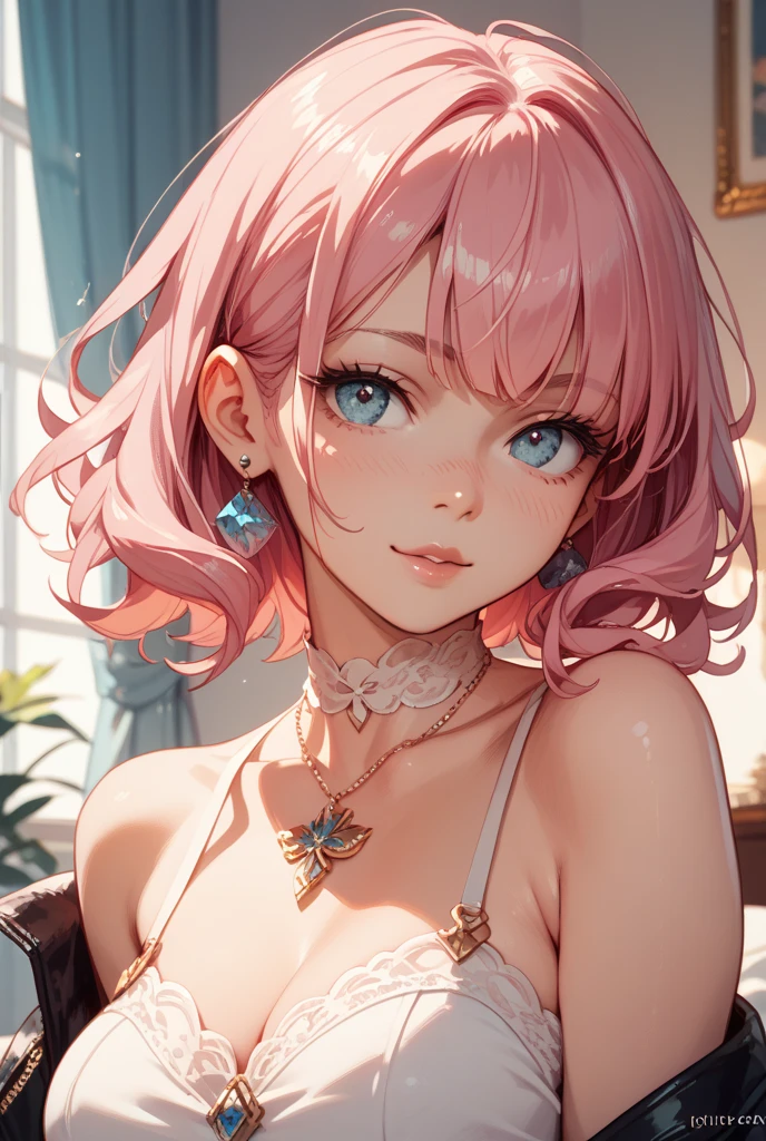 (masterpiece, Highest quality:1.3), (Super detailed:1.2), (hyperRealistic:1.3), (RAW Photos:1.2), High-definition RAW color photos, Professional photos, (PhotoRealistic:1.4), (Realistic:1.4), (Pink Hair:1.5), Professional Lighting, Perfect Anatomy, (Big Breasts:1.2), (blush, Detailed face), (Bright smile:1.5), Trending Hair&Trending Hairカラーをランダムに, Earrings, necklace, bracelet, Sexy, erotic Sexy, Random sexy gravure poses, (Beautiful woman in lavender frilly lingerie、Smiling cutely while holding a stuffed animal in a luxurious bedroom。She has a silver ring on her finger。: 1.3)