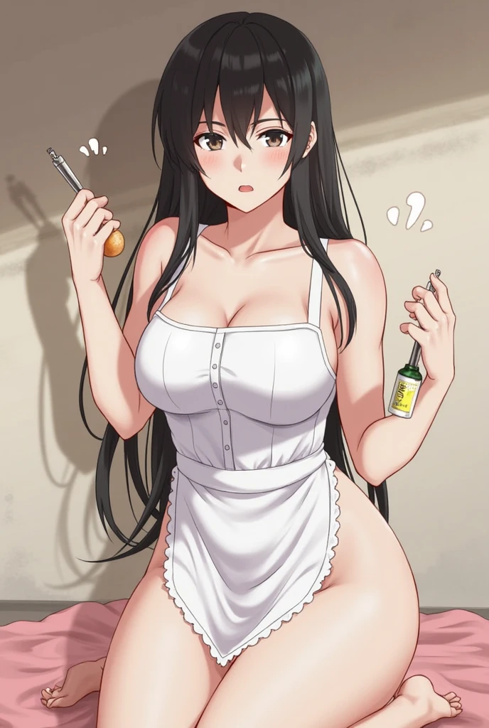 naked apron, Full Hand, Red Eyes, black hair, Silky skin, whole body, whole body pictures,Cleavage,clavicle, whole body pictures, 1 girl, 25 years old,Young women,beautiful Finger,beautiful long legs,beautiful body,beautiful Nose,beautiful character design, perfect Eye, perfect Face,expressive Eye,Perfect balance, looking at the audience,(Focus on her Face),shut up, (Innocent_Big Target_Eye:1.0),Light_Smile, Official Art,Very detailed CG unity 8k wallpaper, Perfect lighting,rich and colorful, bright_front_Face_Lighting,Light skin, (masterpiece:1.0),(the best_quality:1.0), Ultra-high resolution,4k,Very detailed, photography, 8K, HDR, high resolution, absurd:1.2, Kodak Portrait 400, Film Grain, Blurred background, Bokeh:1.2, Lens Light Halo, (Full of energy_color:1.2),Professional photographer, (beautiful,Target_Chest:1.3), (beautiful_Face:1.5),(narrow_waist),Smile, Happy