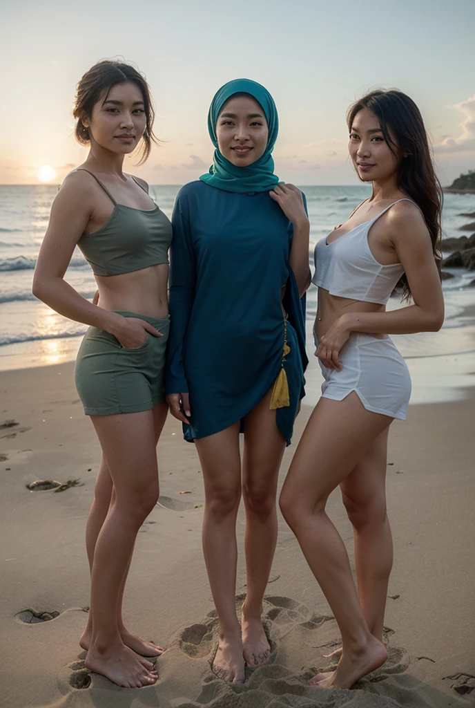 best quality, high resolution, young beautiful Indonesian woman in hijab, soft smile, smiling, wearing peach color laced hijabs, wearing peach color laced panties, wearing see-through peach color mini skirt, wearing see-through peach color laced bra, photorealistic, realistic, small breasts, full body, skin details, skin texture details, tiny and skinny body, flat-chested, morning time, happy, bright sunshine, standing in crowded beach, blurred background, bokeh