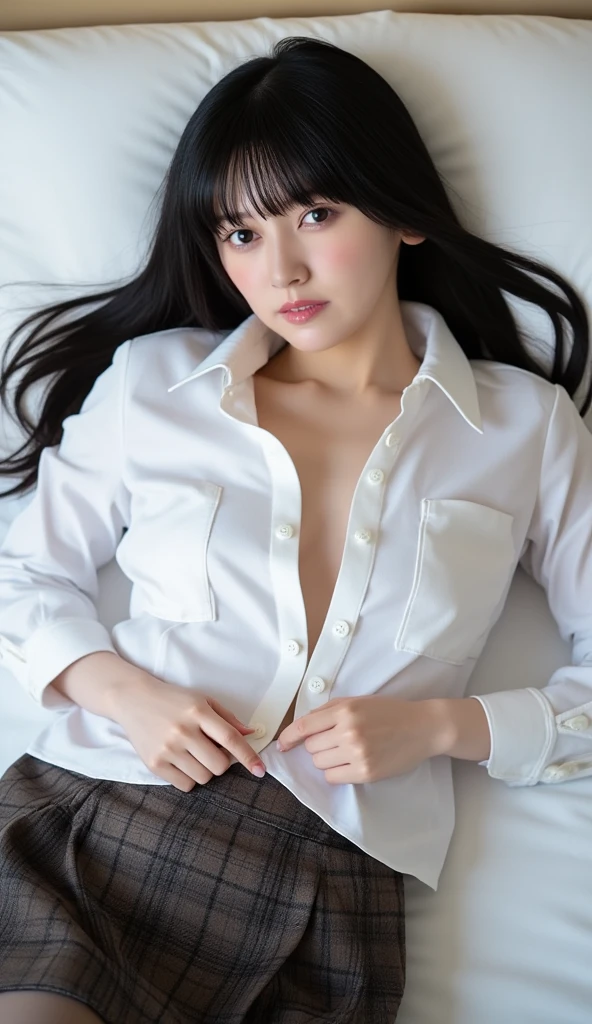(1 girl), highly detailed girl, solo, ((highly detailed face)), extremely detailed CG unified 8k wallpaper, highly detailed, raw color photos, professional photography, Realistic, (beautiful medium breasts, cleavage), (hi-school uniform with open chest:1.6), (looking at viewer, embarrassed:1.6, ashamed expression:1.45, sleepy-eyed:1.2, bashful, flustered), pleated skirt, bedroom, from above lying on her back, head on a pillow, spread open legs, cameltoe,