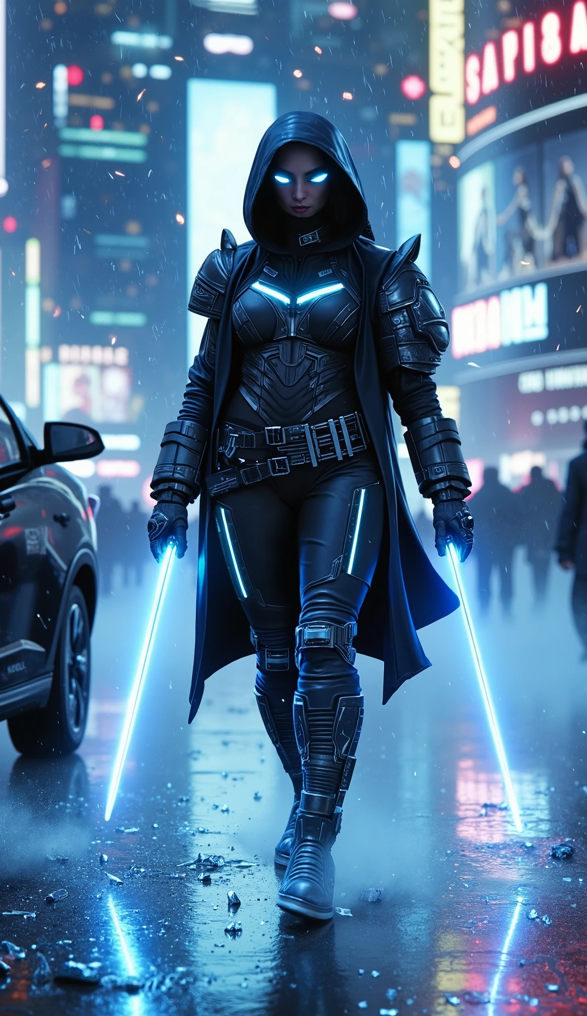 Here’s a highly detailed, ultra-realistic AI art prompt for a **female Cyber Sub-Zero** in **8K UHD** based on your description:
---
### **Prompt:**
*"A breathtakingly beautiful and deadly female Cyber Sub-Zero, reimagined as a high-tech cryomantic ninja with a voluptuous, athletic physique—large breasts, a thick Thai-inspired curvaceous body, and a powerful stance. Her cybernetic suit is a hyper-detailed fusion of sleek metallic armor and frozen biomechanical enhancements, glowing with icy blue energy. The suit clings to her form, featuring intricate Lin Kuei insignias, frost-covered plating, and translucent sub-zero cooling veins.
She walks with lethal purpose on a covert mission in a futuristic cyberpunk city, leaving a trail of frost with each step. The environment is a neon-lit, rain-soaked metropolis with reflections of holographic billboards on her armor. Hyper-realistic skin texture, sweat, and condensation effects, ultra-sharp facial details (full lips, piercing eyes), and dynamic pose.
Cinematic 8K UHD, Unreal Engine 5, photorealistic rendering, volumetric ice mist, ray-traced reflections, and dramatic cold lighting. Trending on ArtStation, hyper-detailed muscles, and battle-ready elegance."*
### **Negative Prompt:**
*"Deformed anatomy, blurry, low-res, bad proportions, extra limbs, cartoonish style, dull colors, flat lighting, excessive noise."*
### **Suggested Settings (MidJourney/Stable Diffusion):**
- **Model:** **RealisticVision V5** or **JuggernautXL**
- **Resolution:** **7680x4320 (8K)**
- **Lighting:** **Ray-traced neon + cryo glow**
- **Style:** **Cyberpunk realism**
---
### **Optional Add-Ons:**
- **"Close-up of her icy breath in the cold air, glowing blue eyes locking onto the target."**
- **"Frozen enemies shattering in the background as she activates her cyber-cryo gauntlets."**
- **"Thai-inspired facial features with warrior braids and a high-tech visor."**