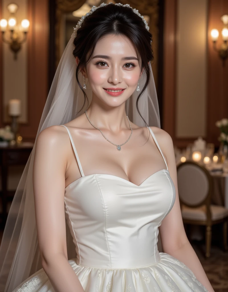 Beautiful 25 year old woman。She is wearing a summer wedding dress. She is smiling on illuminated by the evening church lights . romantic sunset. her dark brown hair. High resolution、masterpiece、highest quality、頭w:1.0、((Hasselblad Photos))、fine skin、(movie lighting)、clavicle . full body picture.