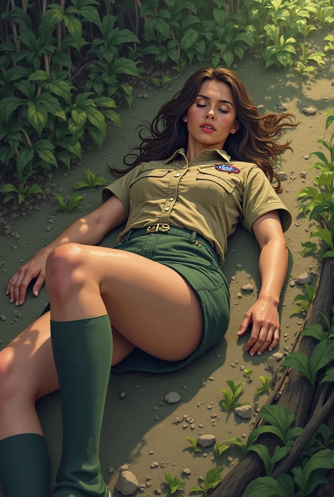 painting of a woman in green dress standing by a tree stump, face on, image from front, pinup art, gill elvgren, girl pinup, vintage pin up, gil elvgren style, pinup girl, pin-up, pin - up, pin up, pinup, by Gil Elvgren, pin up girl, artgerm and gil elvgren, pin-up poster girl.  By Baron Von Lind