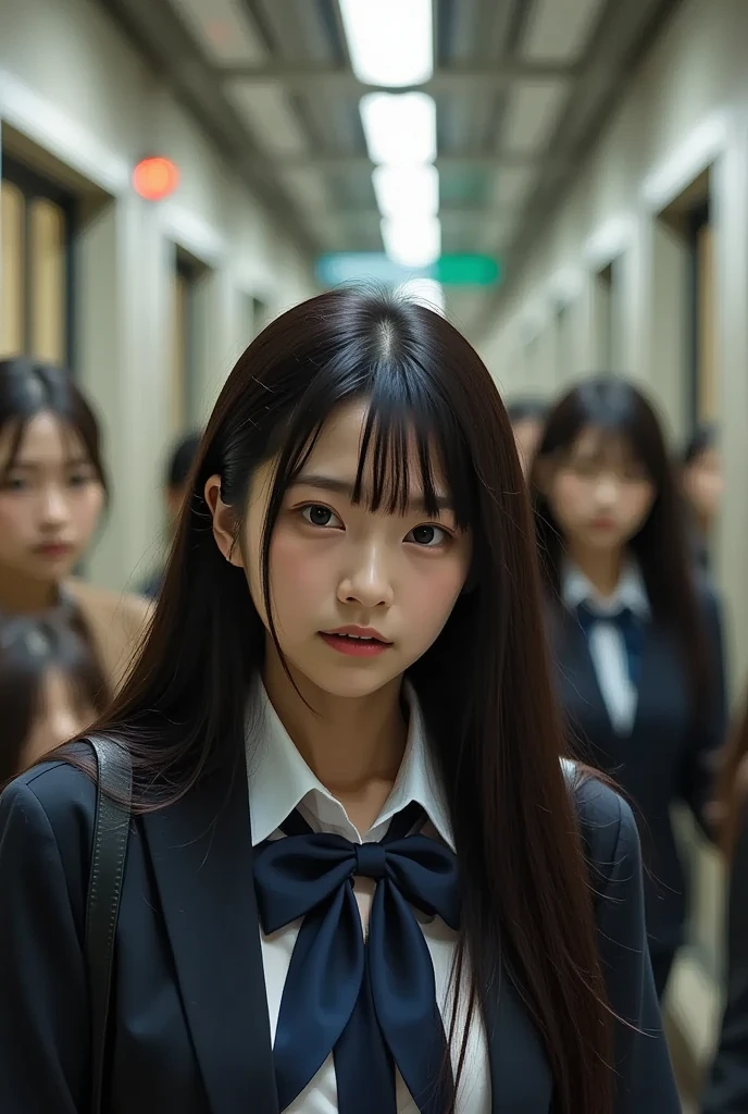 (32K:1.9, Horror depictions:1.9, Highest quality, masterpiece, Ultra-high resolution, Professional random angle camera work:1.5, Very detailedな肌と顔の質感:1.4), Always accurate, Very detailed, bag, (Cute Japan schoolgirl, A high school girl's blazer uniform with a red tie:1.6, Incredibly slim body:1.3, areola is not visible:1.4, Big breasts on the verge of collapse), ((Crowded train:2.0, Crazy behavior:1.9, in the train、Two middle-aged men hugging a woman from behind:1.7)), belt, Fair skin, elegant, sense of cleanliness, Thin eyebrows, (Scared expression:1.0, Confused expression:1.0, A look that shows deep contempt for you:1.0), (Big eyes that exude beautiful eroticism:0.4, Open your mouth a little, lipstick, Feel the beautiful eroticism:1.0, Dark brown ponytail), Earrings, necklace, bracelet, romantic, mysterious, Object of admiration, original, dramatic, artistic, Innovative, charm, Heartful, Fancy, Tilt, sense of loss, special, ((exciting, Extreme, sense of openness, suffering, sufferingの表現)), ((Mistakes of Youth, 女性的なcharm))