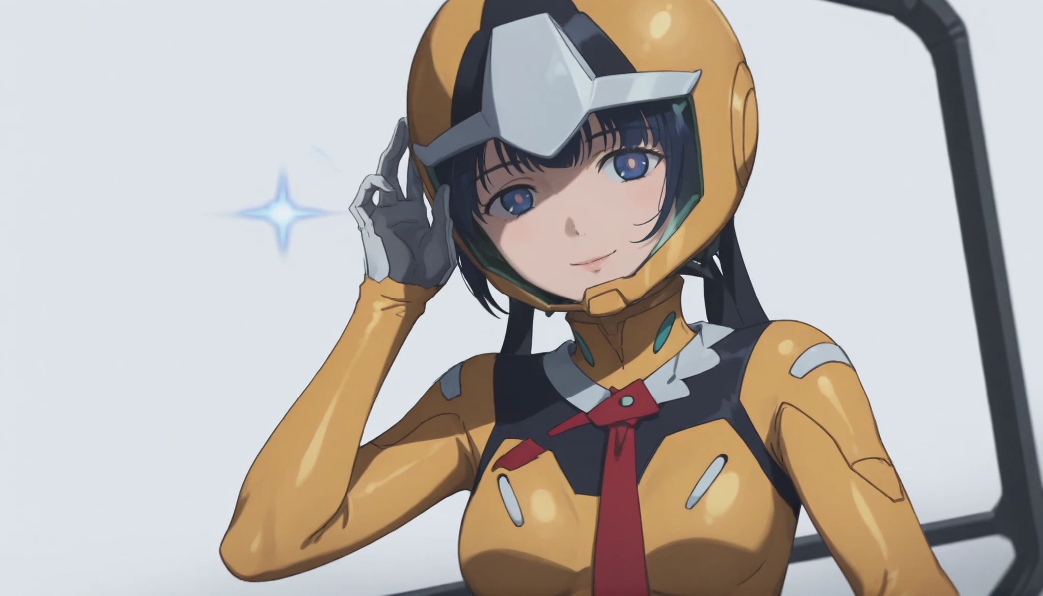 profile、simple background, white background, deep, ANIMATED SCREEN CAPTURE,Anime Coloring, Shiiko 2, helmet, solo, stares at viewers, gloves, blue eyes, smile, red ties, 1 girl, white gloves, ties,yellow bodysuit,pilot suit,stares、hatred、 with your lips tied,New type flash、