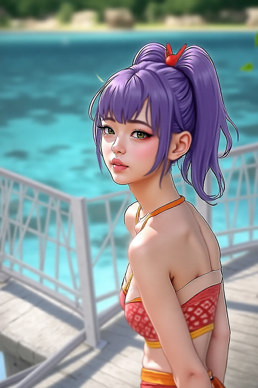 ultra 8k cg, picture-perfect face, perfect face, beautiful face, realistic, hyperrealistic, masterpiece, high quality, best quality, flawless, clean, all intricate, 1girl, solo, shiny glossy skin, towel, shandy, purple hair, single braid, bangs, Bathing in the hot springs, Open-air bath in summer, cleavage, looking at viewer, gentle smile,