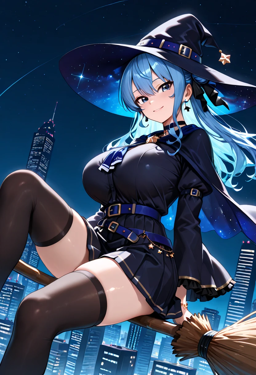 A girl stands on the rooftop of a high-rise building overlooking the late-night Tokyo nightscape.、She has a short bob with a white lob of hair and wears a large black witch hat with sapphire jewelry.、 in sexy underwear、White and cobalt blue sexy bra、A high school student wearing sexy cobalt blue and white panties with a knot at the waist、She wears a large witch's hat with a small sapphire accessory、A few star creams、Beautiful starry sky、Beautiful night view、large witch's hat 、My pants are digging into my stomach、Small breasts、Small breasts、I see my stomach、The area around the stomach is bare skin.、Belly button、