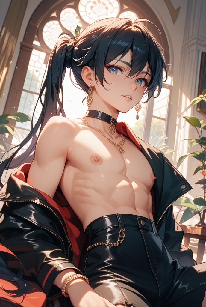animetion, animated, ((1 male)), (((muscular))), 30 years old, very long hair, wavy hair, wept bangs, hair between eyes, black hair, seductive smile, heart-shaped_pupils, parted_lips, bare_shoulders, navel, zettai_ryouiki, purple eyes, ((round_glasses)), choker, black_gloves, high_heels, skindentation, (((absurdres))), (((masterpiece))), ((bulge)), indoors
