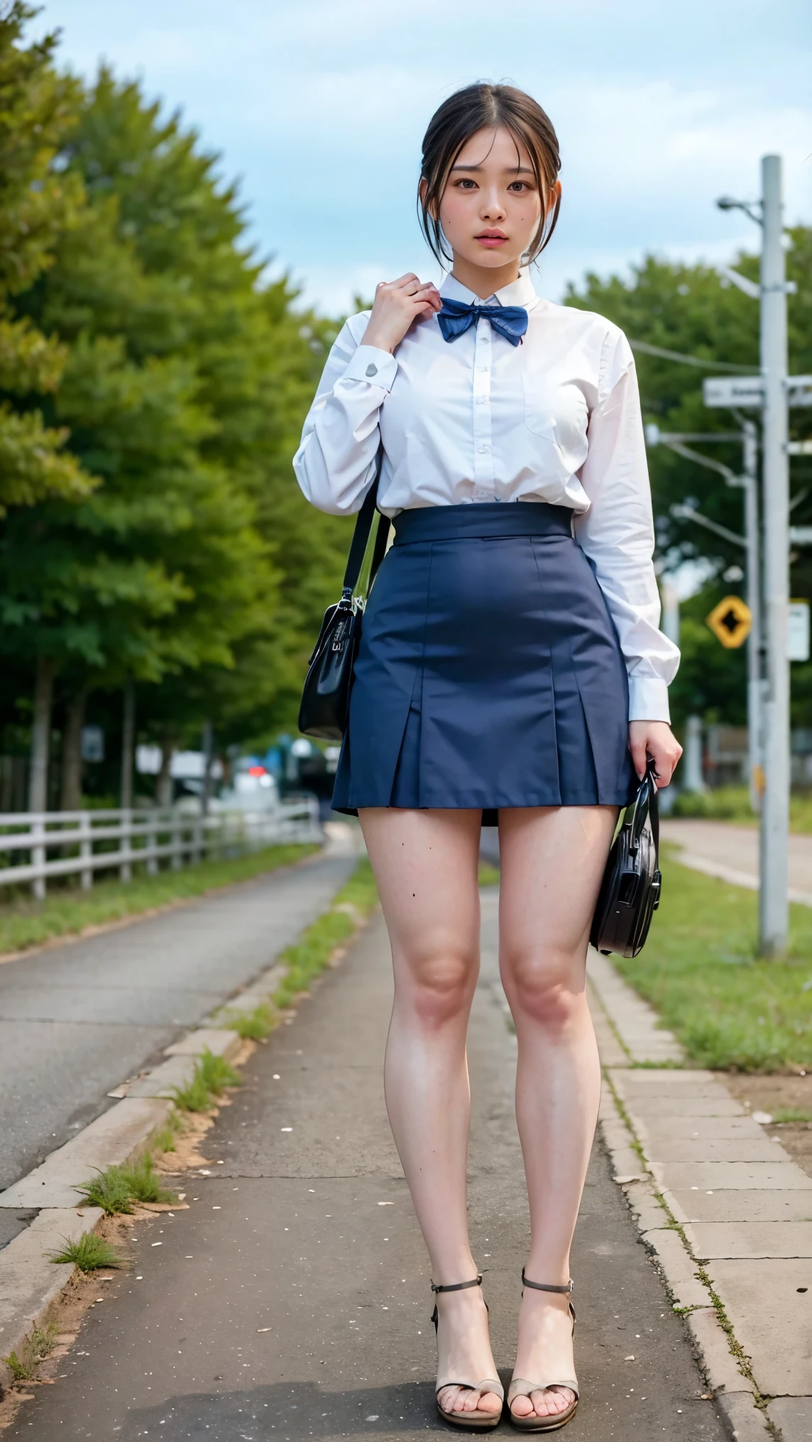 1girl, red hair, purple eyes, walking, from behind, accidental exposure, pleated skirt, panties, bag, thighhighs, wind blowing