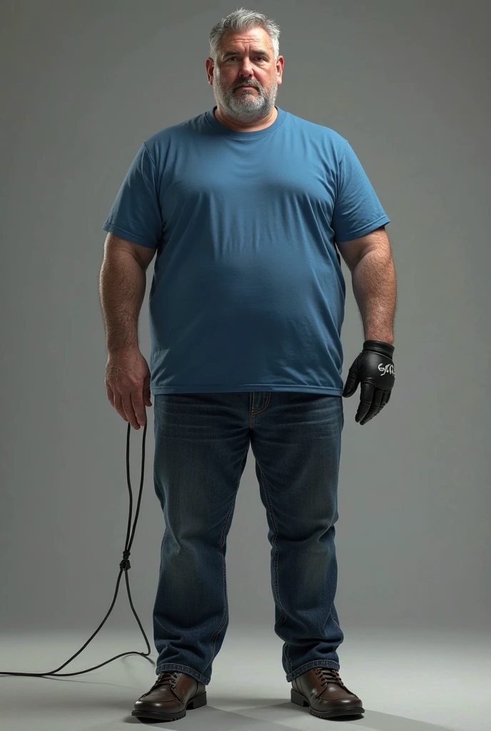 fat kid carrying a hoe and cement