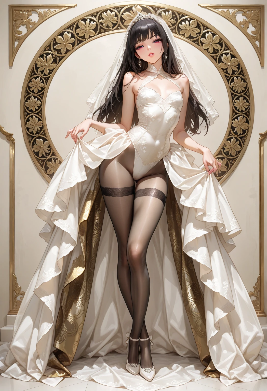 score_9, score_8_up, score_7_up, score_6_up, uncensored, Yor Briar, black hair, earrings, white hairband, hairband, long hair, sidelocks, red eyes, naughty face, shiny skin, sweating, steaming body, heavy breathing, BREAK (masterpiece:1.2), best quality, high resolution,(detailed eyes:1.3), perfect lighting,(perfect hands, perfect anatomy), large breasts, high_heels, ass, 1girl, gloves, flower, thighhighs, bent_over, looking_at_viewer, white_legwear, looking_back, thighs, elbow_gloves, solo, rating:questionable, underwear, bare_shoulders, sideboob, revealing_clothes, white_panties, from_behind, dress, parted_lips, swimsuit, full_body, standing, rating:safe, alternate_costume, panties, black_gloves, petals, night, hanging_breasts