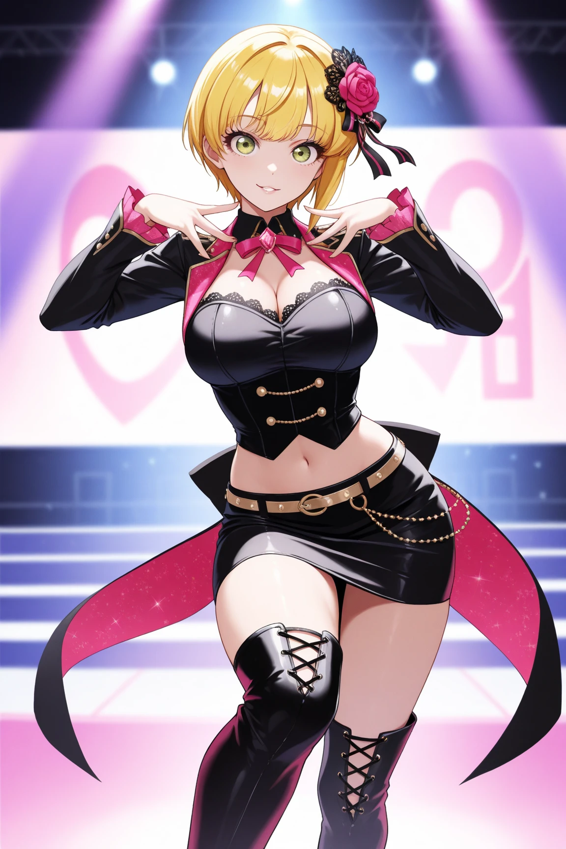Highly detailed and realistic CG, Colorful, masterpiece, perfect anatomy, Best Quality, 1girl, solo, pink hair, shiny hair, short hair, sideburns, red eyes, shiny eyes, (crazy smile:1.2), (evil smile:1.2), sadistic smile, grin, skinny legs, contrapposto, standing, tube top, strapless, shorts, spiky boots, spiky wristband, idol concert, on stage, Live performance, open mouth, big breasts, cleavage, midriff, navel, black jacket, black military cap, stick tongue out, (long tongue:1.5), hand on hip, stylish pose, spotlight, thigh strap, flashy earrings, fang, elbow gloves, see-through inner, cinematic angle, looking through legs, open stance, acrobatic pose, latex, tight, slender,