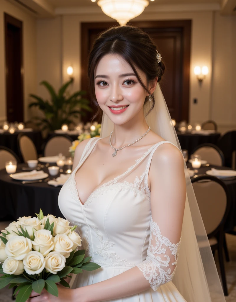 ((8K、​masterpiece、RAW Photos、Live action、best qualtiy、A hyper-realistic：1.2))、(Highest Quality: 1.2)、high-definition RAW color photography、Professional Photography、Beautuful Women、独奏、Detailed eyes and mouth、(large boob:1.2)、(Beautiful Wedding Dresses:1.3)、A charming smile、Narrow waist、Erotic、intricate detailes、(Beautiful flowers and plants and sky behind:1.2)、Beautiful lighting、Detailed mouth、Textured skin、Super Detail、high detailing、High quality、hight resolution、full body Esbian、beautiful hairl、、Fancy lighting、happily laughing、vivid