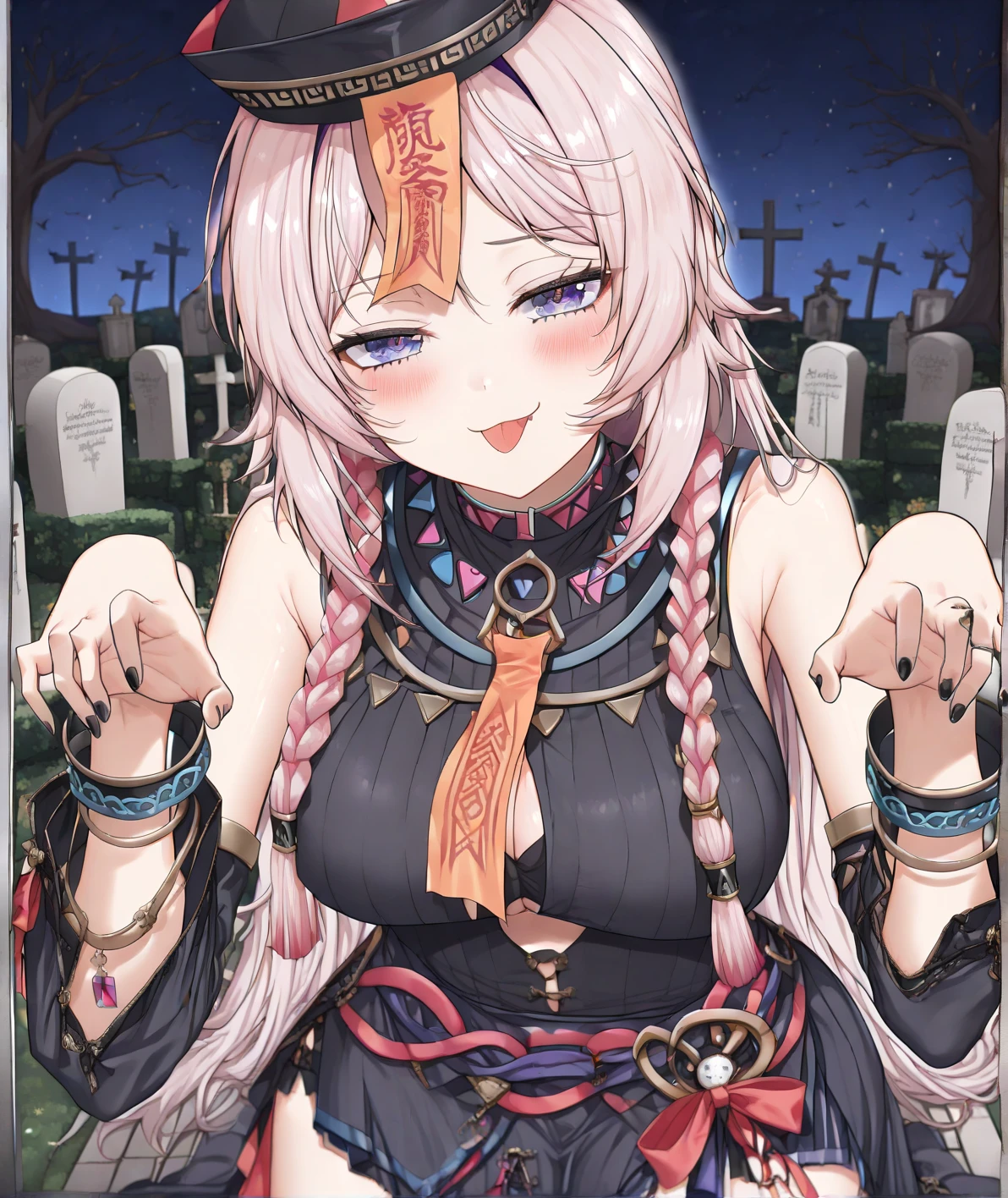 Highest quality, masterpiece,White Hair, Purple Eyes, Purple kimono, Exposing shoulders, ,Fair skin, Long Hair, Long Bangs,  Small breasts, Confused eyes, snow, sexy, Cemetery, Cross Grave, jitome, lotus position, stretching, half closed eyes, NSFW