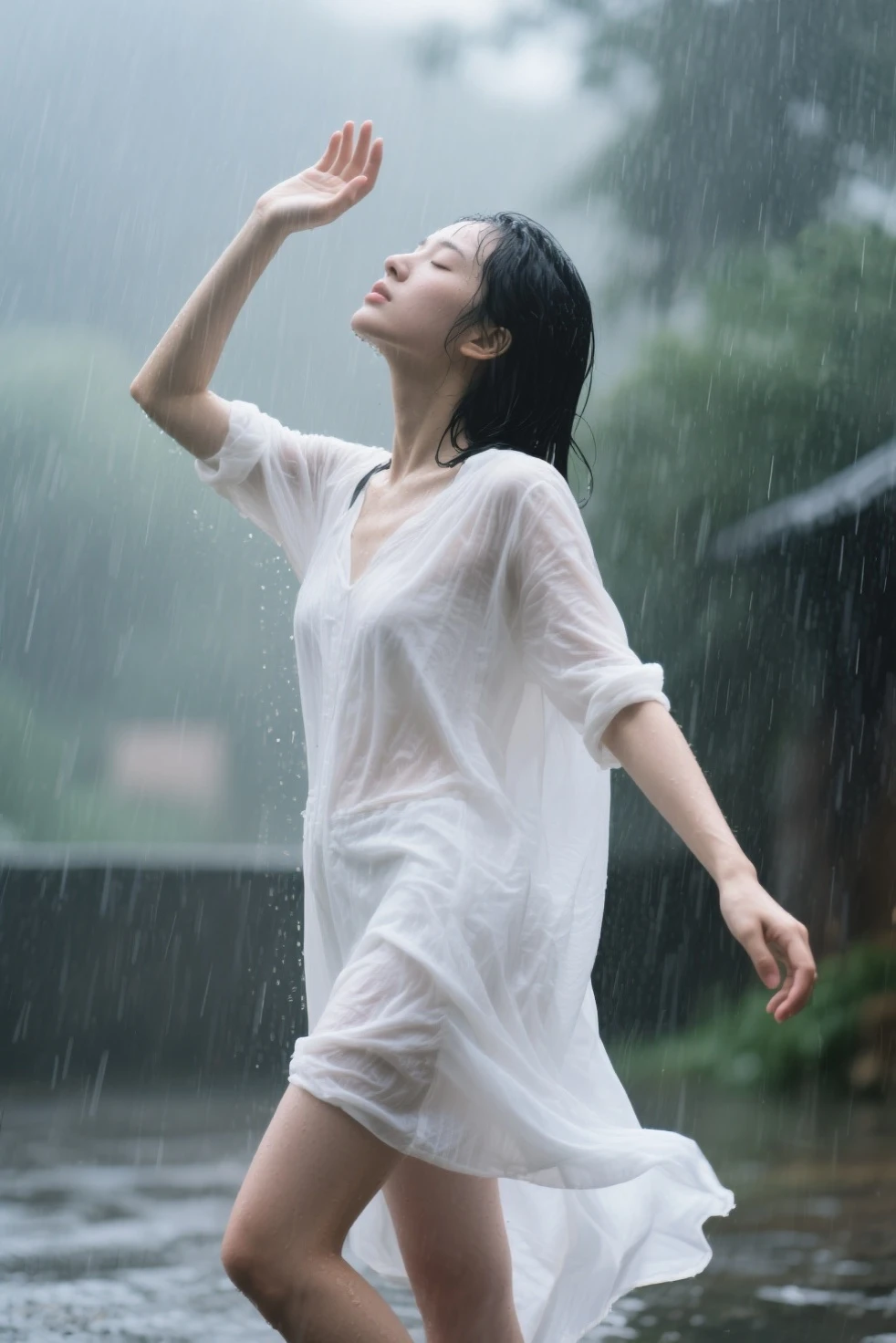 Prompt :
On the top of the Alps, a beautiful Taiwanese girl (with clear facial features) wearing a large white shirt, soaked by heavy rain, dancing barefoot, happy, rain in the sky