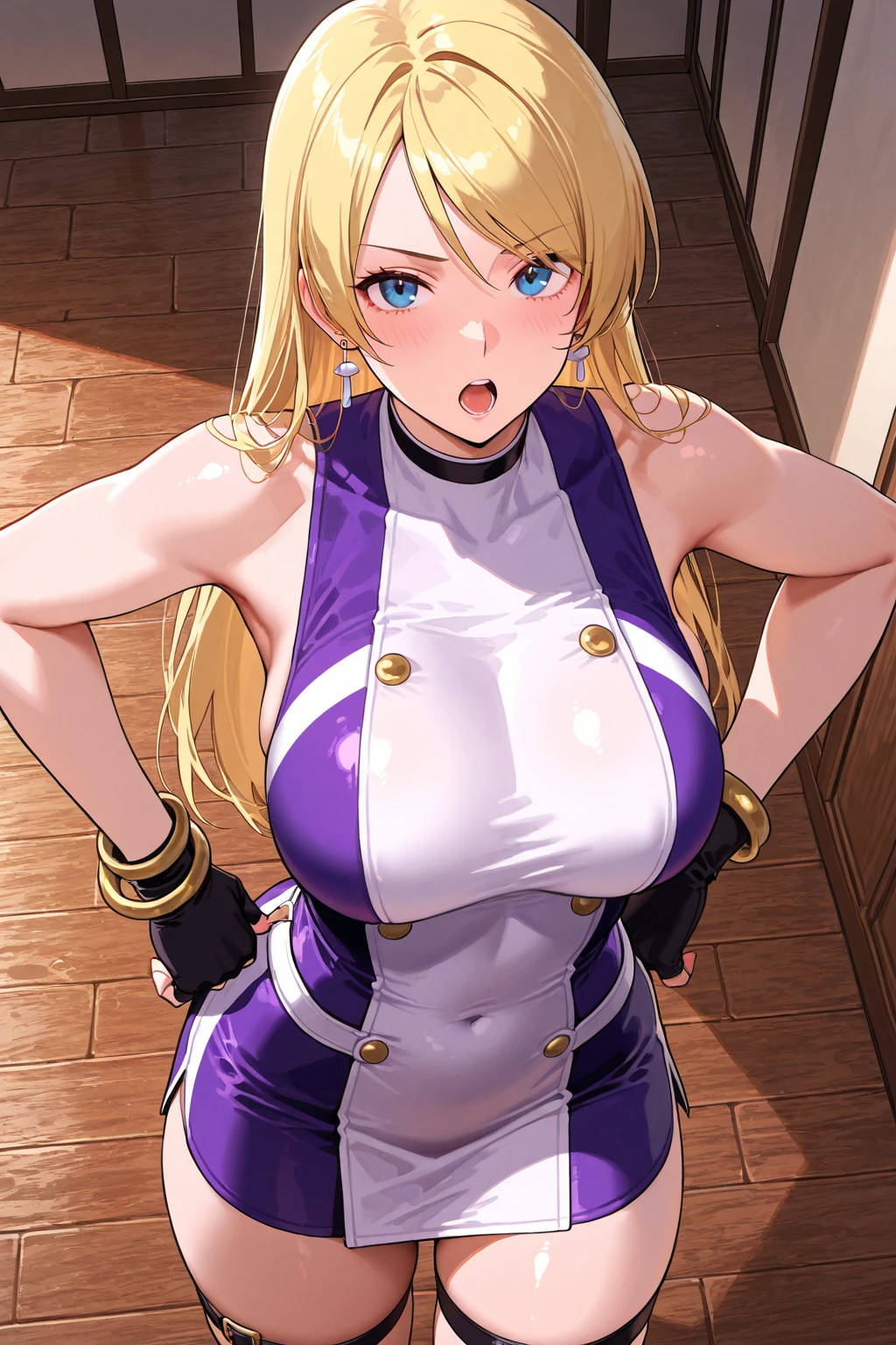 ((highest quality)), ((masterpiece)), (High resolution), 8K, best shadow, The best natural light, cinematic, woman climbing stairs、20-year-old, hkujaku mai, blonde hair, purple eyes, breasts, blush, purple skirt,tight skirt, miniskirt, long hair, large breasts, elbow gloves, white gloves, navel, cleavage, detached sleeves, midriff, belt, vest, crop top, bustier ,Looking back, bashful、((Rear view))、Angle from directly below the rear, ((View from directly below)),whole body、Manga panel layout、cartoon style、Manga Design、station stairs slender body,beautiful thighs, embarrassed expression, blush, huge ass,big ass,((upper body)),detailed face, perfect face,4k,ultra high definition ,((big ass)), ((huge ass:1.5)) ,(wide hips ),white panties , leaning towards