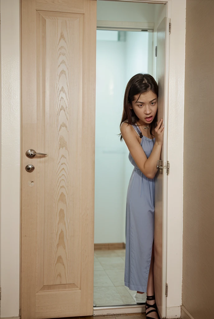 Indian women wearing short dress kneeling down holding ears in tuition class room door in punishment facing wall