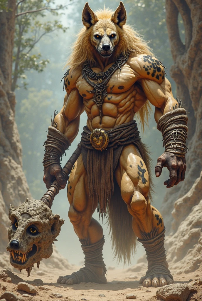 a lone werelions warrior in a jungle tribe, with no shirt, bulging muscles, extending his hand with a joyful expression, detailed black mane, piercing golden eyes, (best quality,4k,8k,highres,masterpiece:1.2),ultra-detailed,(realistic,photorealistic,photo-realistic:1.37),intricate tribal tattoos,dramatic lighting,lush greenery background