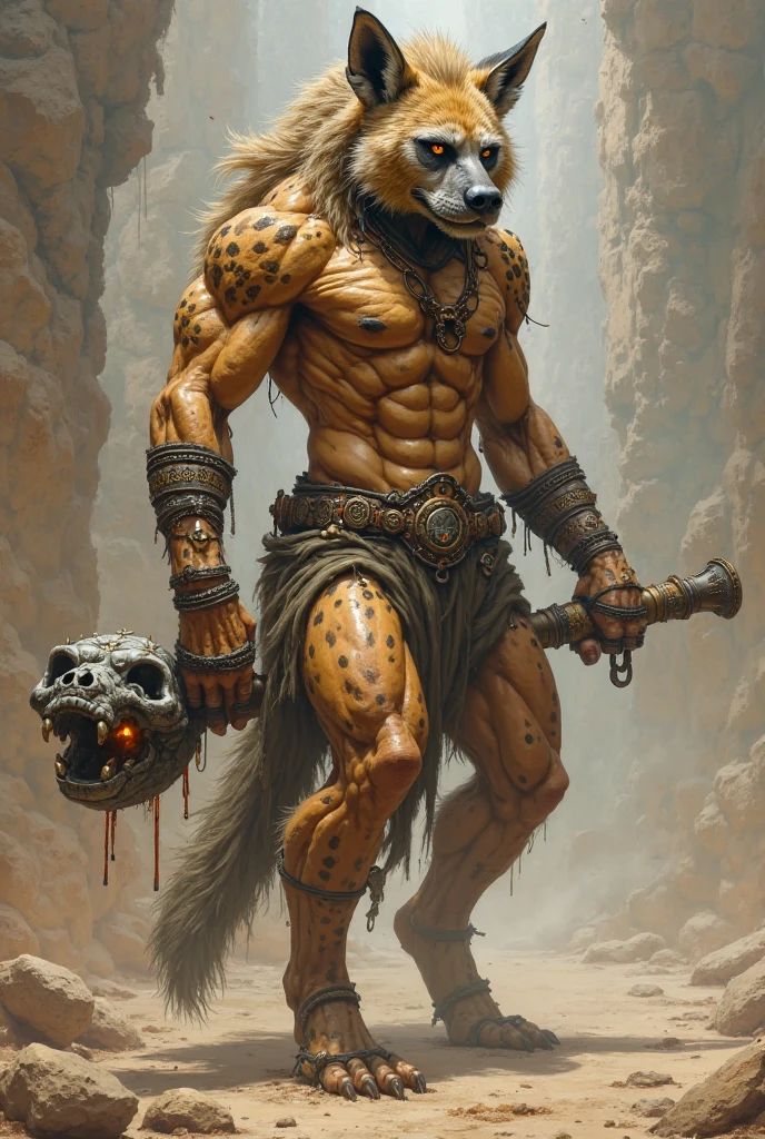 Art by nomax, best quality, masterpiece, ((solo)), expressive, dynamic, good anatomy, attractive, muscular male, detailed eyes, beautiful eyes, detailed scales, extreme detail, anthro male hyena, tribal clothes, nomadic, standing, digitigrade,
