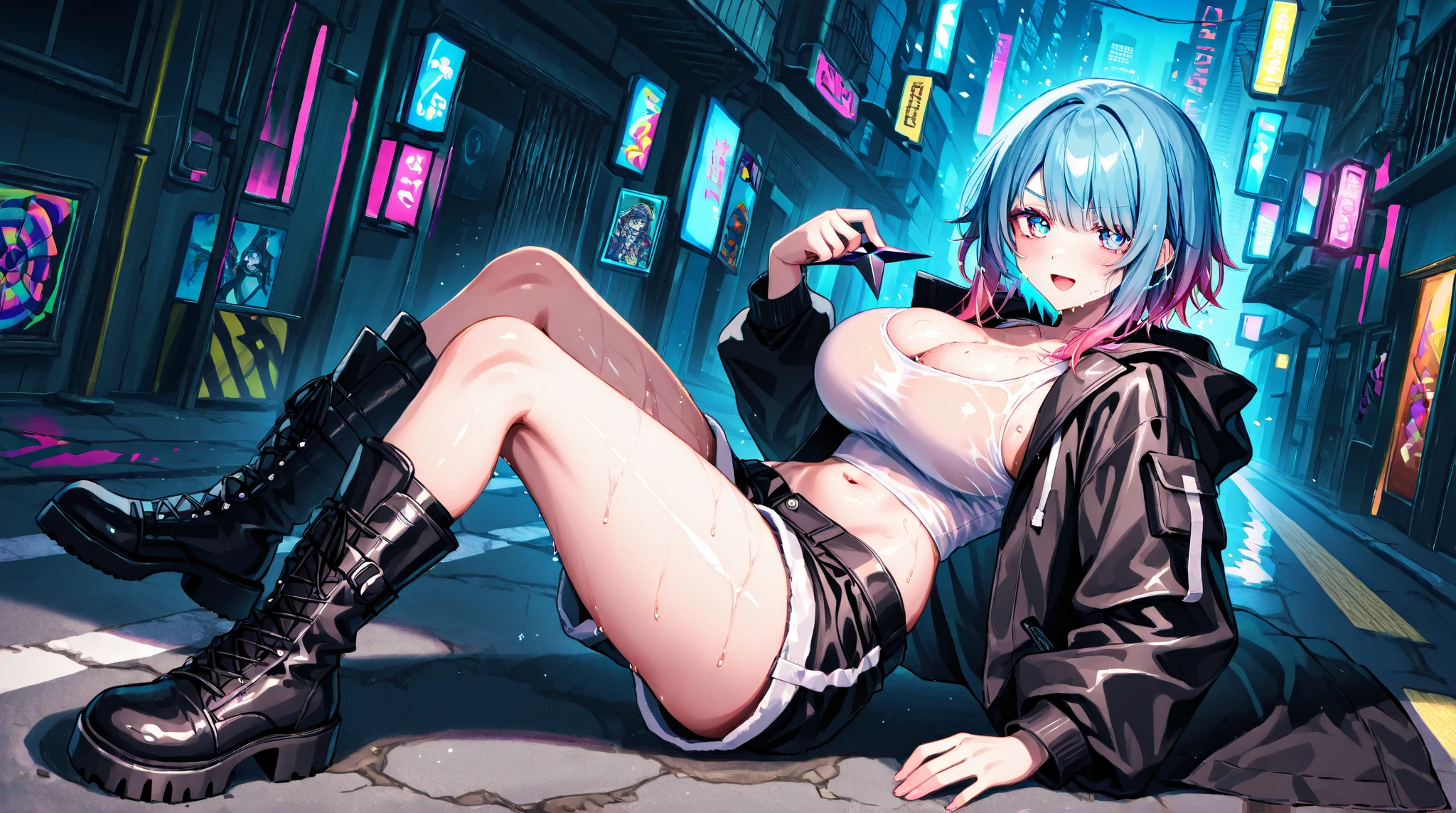 In a stylish anime scene, the woman with spiky blue hair and striking purple eyes is casually lying on her back atop a bar, exuding a laid-back yet edgy vibe. She wears a black tube top crop top with turtleneck details, paired with black sport shorts and thigh-high combat boots, adding to her fierce look. As she rests with a nonchalant, ‘whatever’ expression, she throws up a peace sign with one hand while blowing a bubble with her gum. The scene perfectly captures her rebellious and cool attitude, with her spiky hair and relaxed posture highlighting her carefree yet powerful presence.