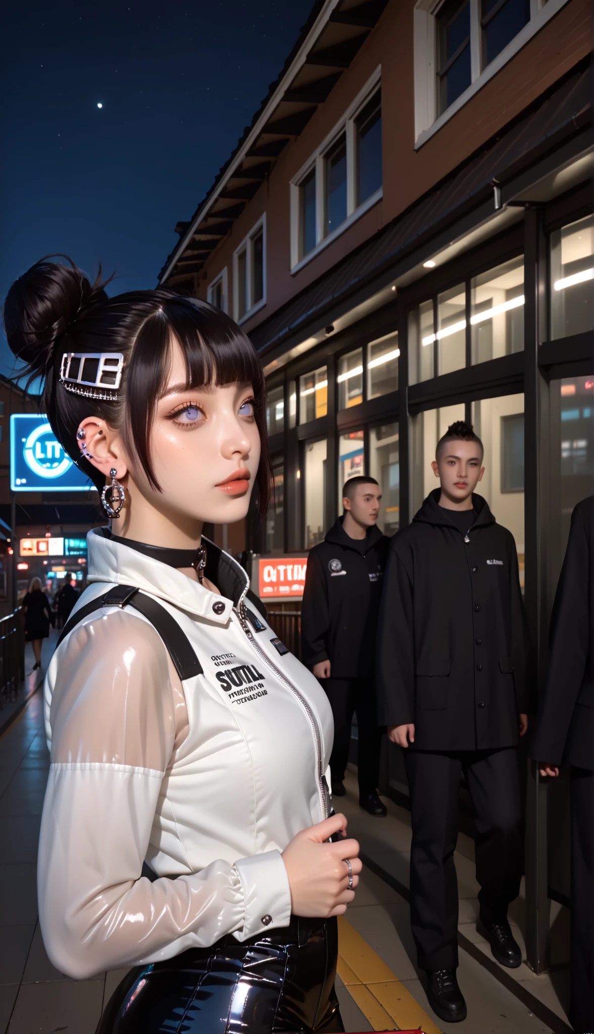 ((Building Rooftop: 1,3)), ((Goth_Punk, Alone, Medium Shot, Walking on Rooftop in Harajuku, ((Night)), Blur, Neon Light, , Shiny Hair, (Iridescent Hair Dark Black Mix White), Earrings, Bun, Jewelry, Dull Bangs, Busy Eyes, Background Blur, Blur, Hair Adornment, Gaze, Short Hair, Portrait, Side Lock BREAK ((Swedish Girl, White Skin, White People)),((Women's Job Suit:1.3)), BREAK (Gal: 1. 1),(Glamour: 1. 3),(night),(supermodel: 1.3)),BREAK ((earrings, rings)), cowboy shot,((tall person)),((android)),((upward looking)),((top angle:1. 3)), from Front, looking at Viewers,((event companion At Subway Station)),((thin see-through)) tight fitting with straps))、Hip、Butt、Bend、Hyūga_Hinata's/Boruto, Dark hair Black Mix White, Lavender Eyes, Hime-Cut Hair, Long hair.