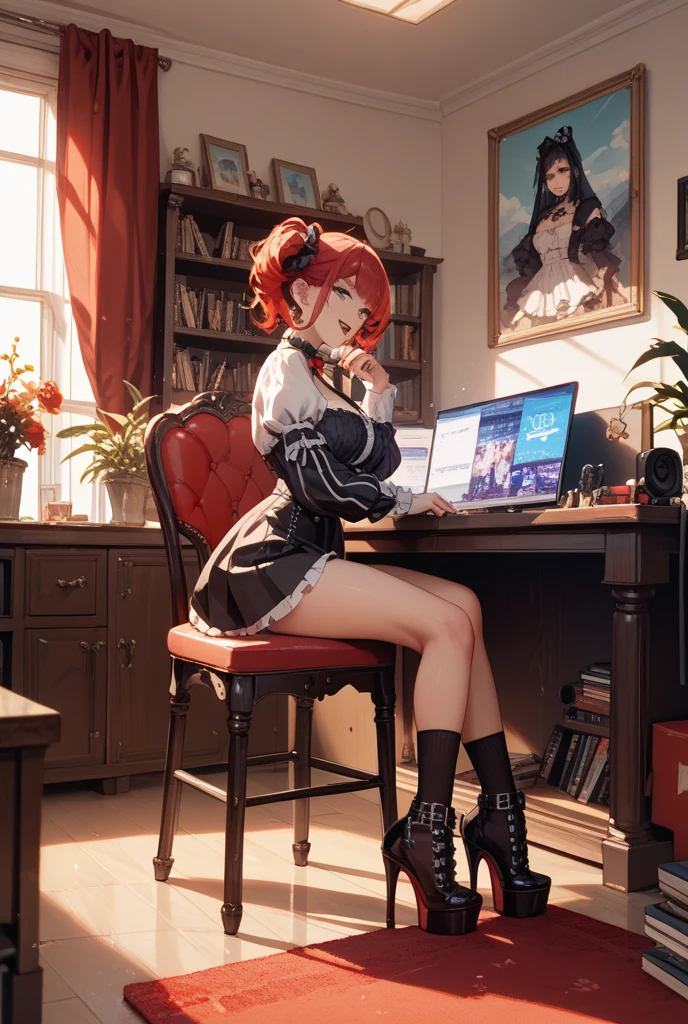 (Masterpiece, Best Quality, Best Resolution, distinct_image, Very Elaborate CG, Cinematic Lighting, Ray Tracing, Drop Shadows, Detailed Detail, (Photorealistic: 1.4), High Quality Textures, Detailed, Realistic Face Expression): (Girl Alone, Face Japan People, (Crimson Long Hair: 1.2), Small Size Breasts, Sparkly red eyes, eye level shots, happy smile, beauty, slim body, holiday, own room, console games, computer, display, keyboard, mouse, red checked skirt, white shirt with collar, leather vest, cardian, handgun holder, leather bag on back, long boots, antique radio, coffee, Model Train, Bookcase, Wooden Chair, Pot, Fan, Painting, Stuffed Animal, Tie, Notebook, Stationery, Vase, Photo Frame, Letter, Fountain Pen, Calendar, Lamp, Cushion, Basket, Profile Mirror, Candle, Newspaper, Sweets, Park View Outside the Window, Telephone, Fruit, Telescope, Retro TV)