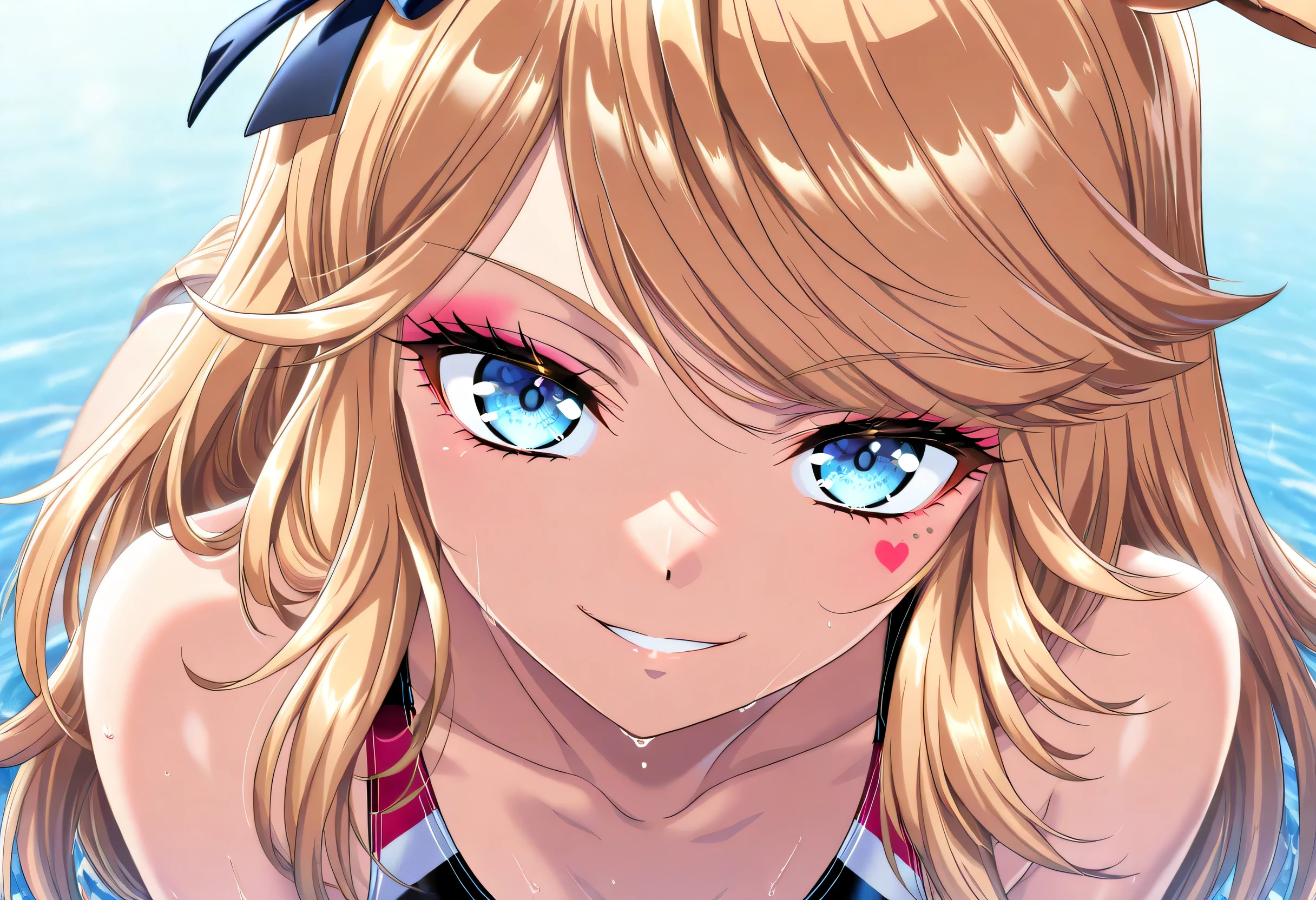 masterpiece, Highest Quality, newest, high resolution, 1 girl on break day, Yokota Mamoru Style,motion line,very straight nose, slim,thin face,perfect nose,staring at the viewer,charming smile、face up、competitive swimsuit,blue competitive swimsuits,Gold City\(Uma Musume\),1 girl,young woman, facial tattoo , eyelashes,eyeshadow,naughty face, ,Watching Viewers、Xiaoyan