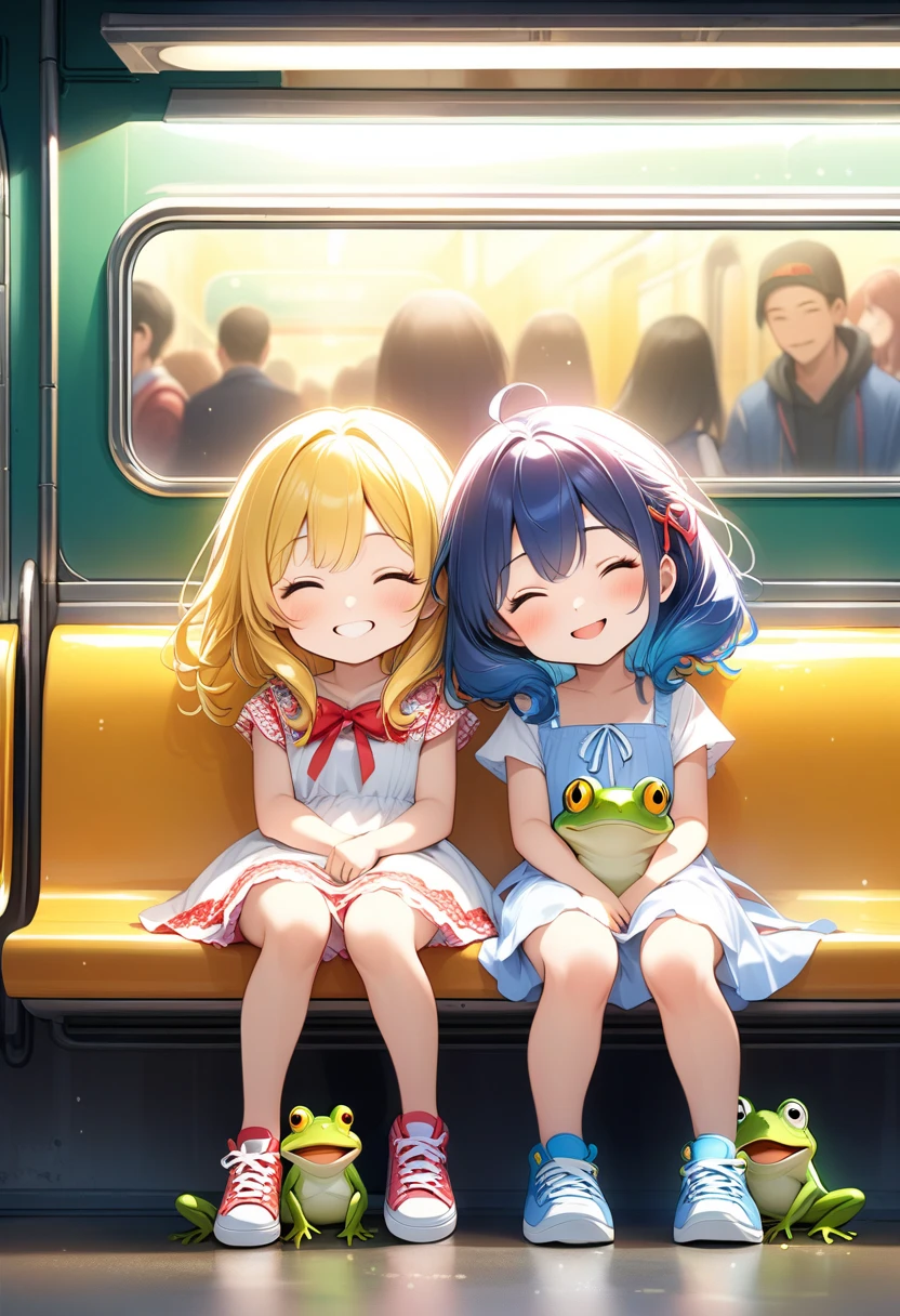 friends having fun in an amusement park, アニメ, boys and girls, ice cream, balloons, color Art
