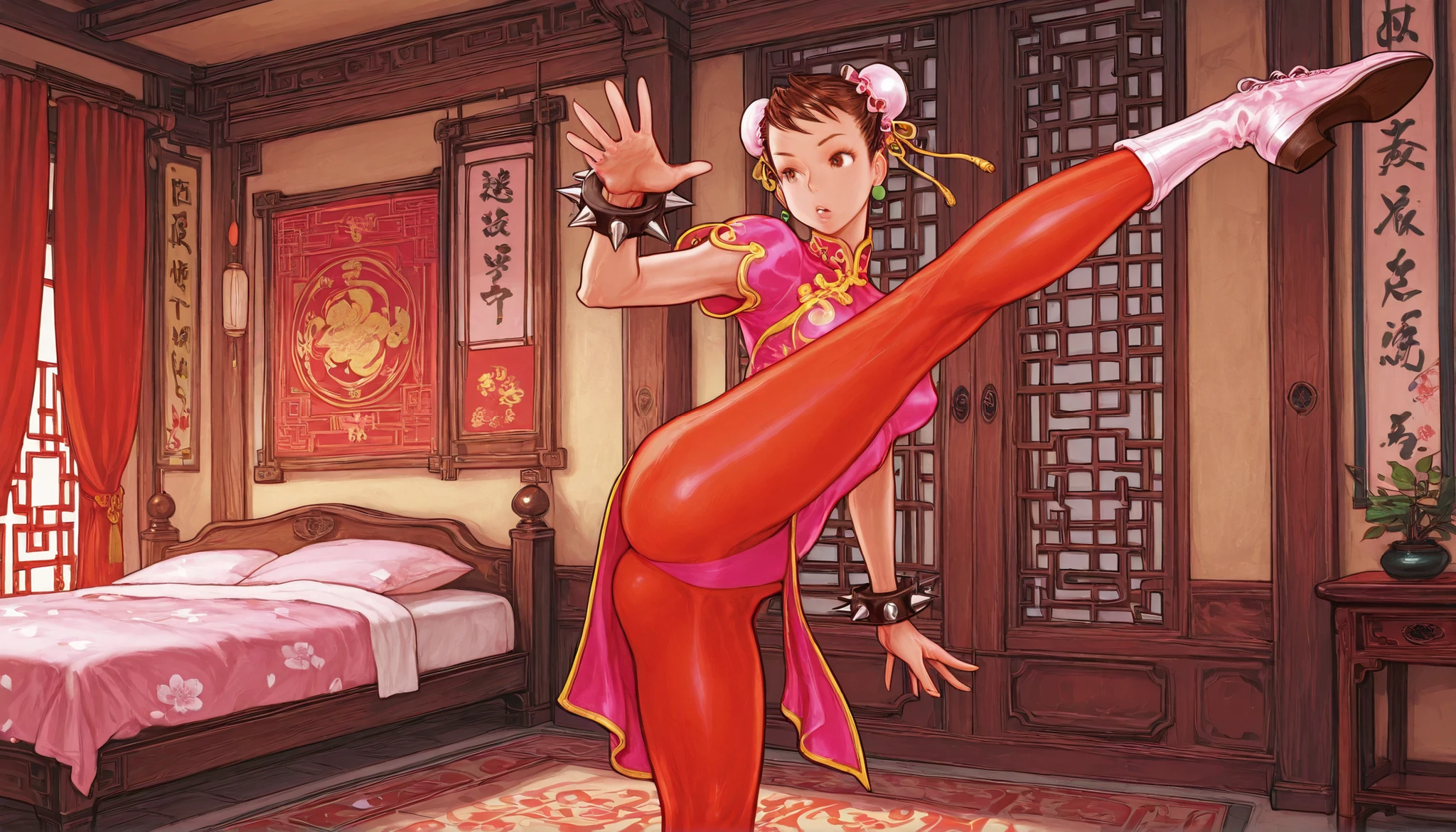 1 girl,solo,Chunli,Pantyhose,dress,,hair bun,Chinese clothes,Pelvic Curtain,bracelets,spike, jewelry,china dress,double bang,band,spiked bracelets,brown hair,standing , buncover,boots,brown eyes in the bedroom,standing on one leg,thighs,Flexible,standing,