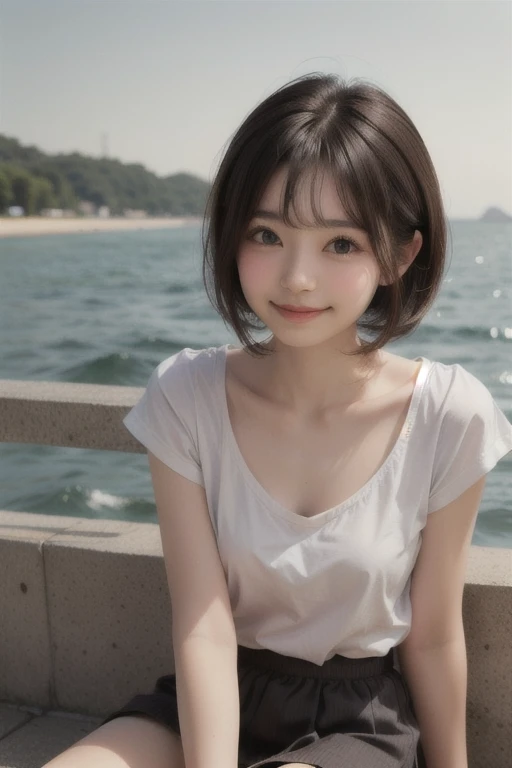 A japanese woman stands on wood deck in front of beach, exquisite and beautiful face, exquisite collarbone, seductive and delicate collarbone, charming fragrant shoulders, shoulders slightly exposed, open-shoulder long sweater,sky blue sweater, pretty face, (peach Red lips:1.1), tender and smooth skin,(white skin:1.6),(black hair:1.1),(bob hair:1.2), short hair,(smile:1.2),smile with teeth, white teeth,very realistic details, ultra-high resolution,bokeh,outstanding details, full body