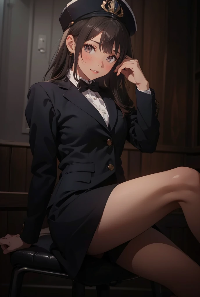 (1 girl solo),(dark skin:1.5) ,20 years old, (black hair:1.3),  (glasses:1.4),  , (straight hair:1.5), (evil smile:1.2) ,long sidelocks, (blush:1.3),(kneeling:1.3),(Put left knee in front:1.5),(boy's school uniform jacket:1.5),spread legs,bend knee,(low long ponytail:1.4),(blunt bangs:1.4), (greaming skin:1.3),(flat_chest),(wide hips:1.3)