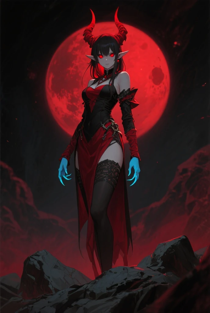(masterpiece), expressive face, drunk, alcohol,1women, perfect eyes, dynamic lighting, MILF, female women, skin, face, anime style, orange eyes, long eyelashes, glowing blue scales on face, Godzilla blue spiky scale tail, thick thighs, massive breasts, blue claws, blue shoulder length hair, blue scales, fangs, 1girl, wings, horns, solo, armor, smile, breasts, blue skin, looking_at_viewer, long_hair, black_hair, grin, teeth, pauldrons, large_breasts, demon_horns, hair_between_eyes, sharp_teeth, bangs, Red leather cloths, demon eyes, glowing eyes, epic battle, spear, fighting stance, angry, wrath, red aura, dark moon, night time