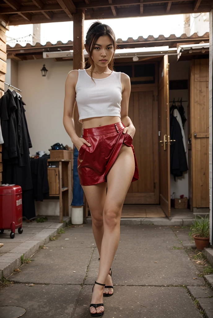 ((realistic lighting)), Best Quality, 8k, ((Masterpiece: 1.3)), Spotlight: 1.2, (White Trim: 1.4), (Outdoor, Night: 1.1), City Streets, Red Microskirt latex, black latex top, Chester's elegant features, Bikini model Perfect body features, Sexy features, Causal
