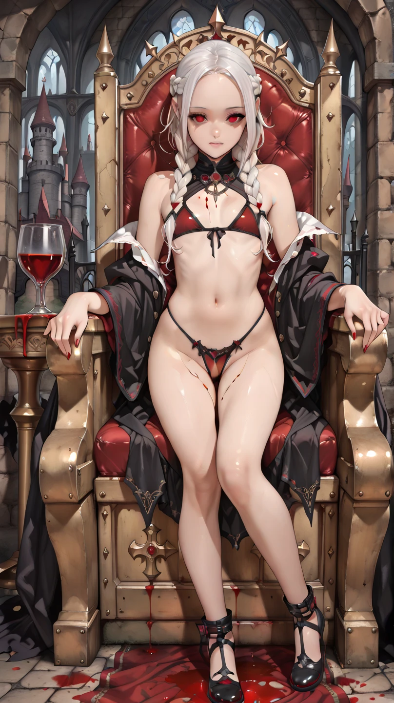 ((queen woman)),((with penis,large penis,soft penis)),cloak on back,with crown,((medium breasts, bare breasts,((white hair with ponytail, red eyes)),((standing, in a haunted castle, at night)) ,